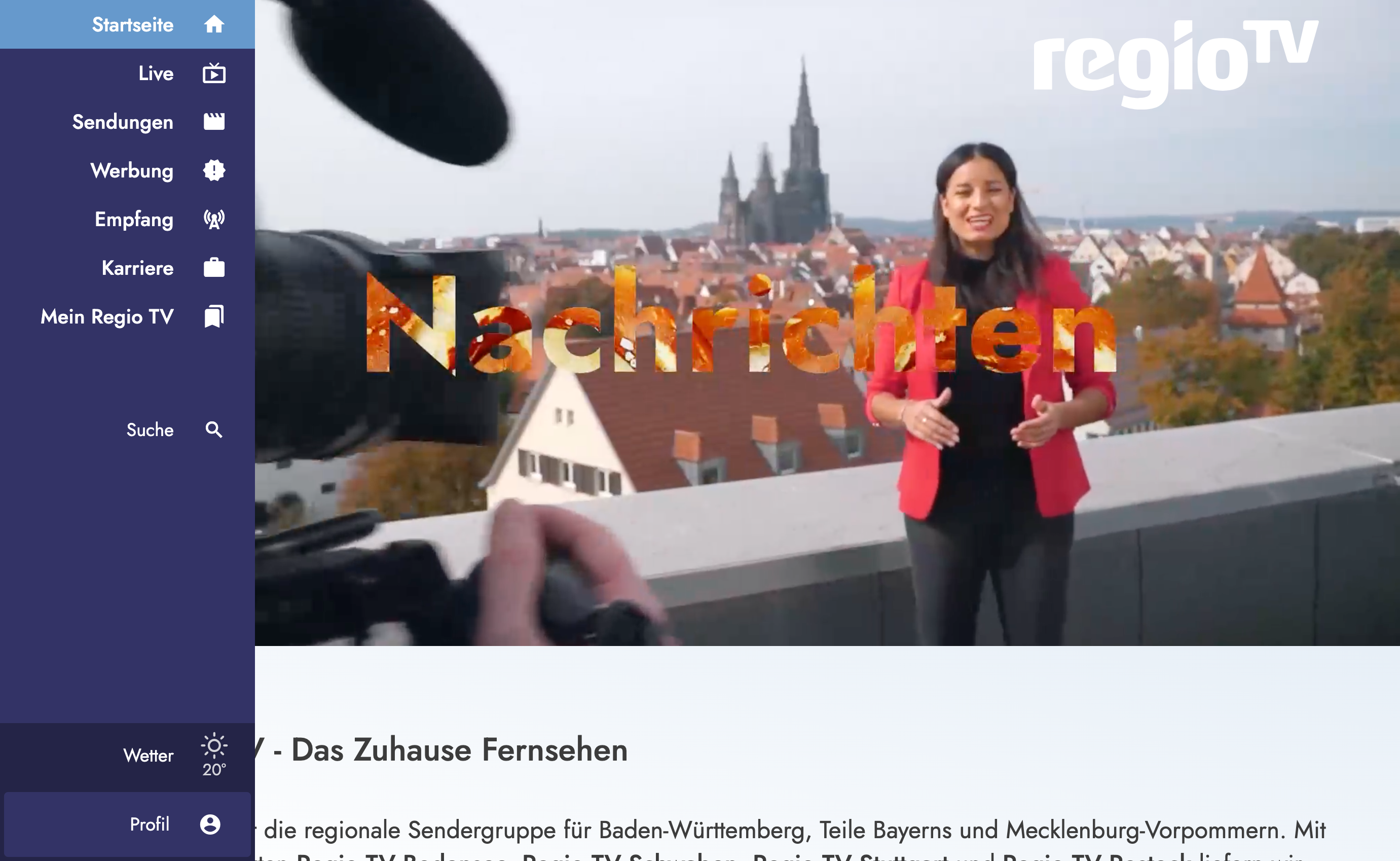 Website regio-tv.de, Startseite. Navigation mit Rubriken Startseite, Live, Sendungen, Werbung, Empfang und Karriere. Überschrift: „Regio TV - Das Zuhause Fernsehen", regionale Sendergruppe für Baden-Württemberg, Bayern und Mecklenburg-Vorpommern.
