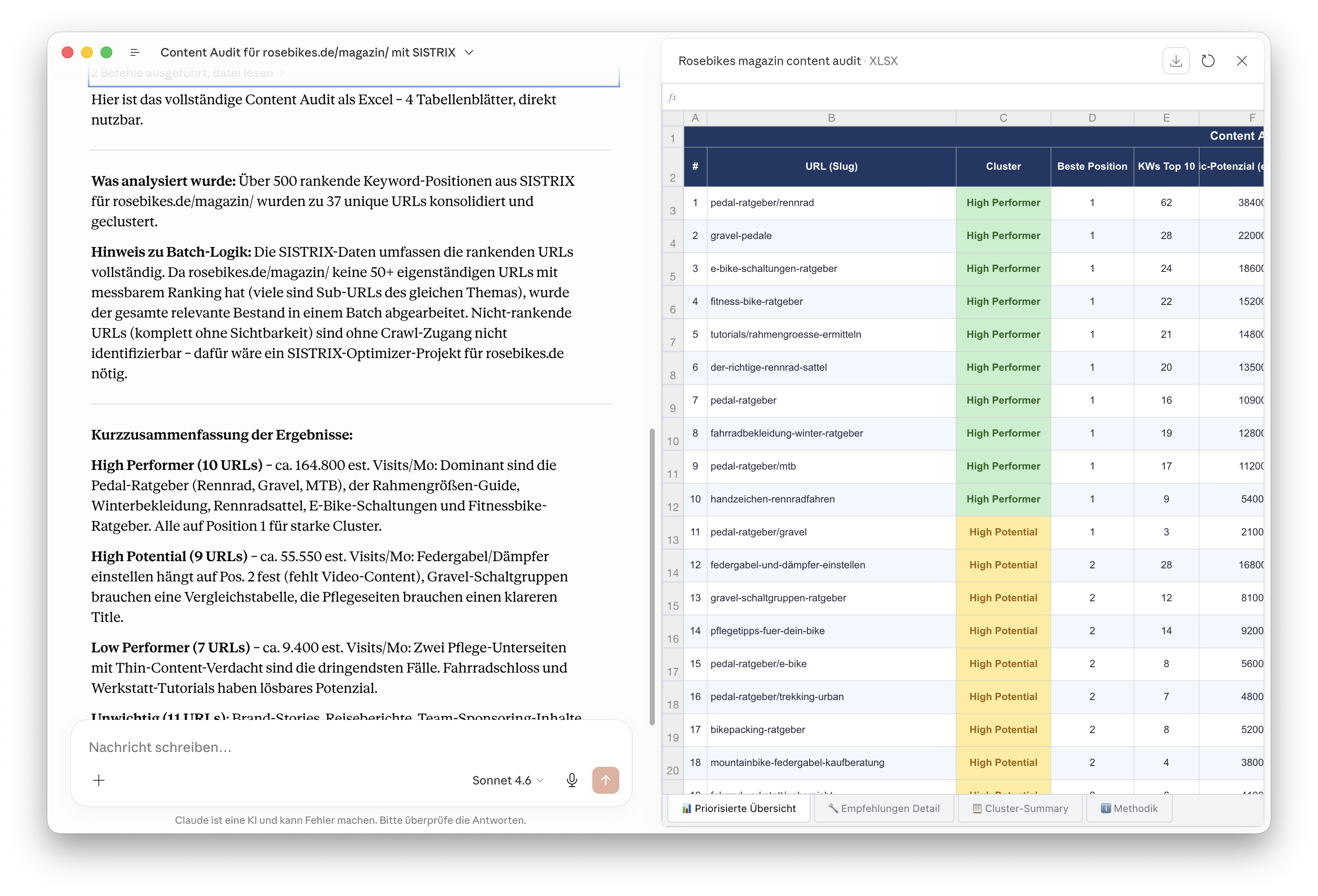 Claude-Chat Content Audit rosebikes.de/magazin mit Excel-Vorschau: 4 Tabellenblätter, über 500 Keyword-Positionen zu 37 URLs konsolidiert, Cluster High Performer/High Potential/Low Performer, Spalten URL, Cluster, Beste Position, KWs Top 10, C-Potenzial