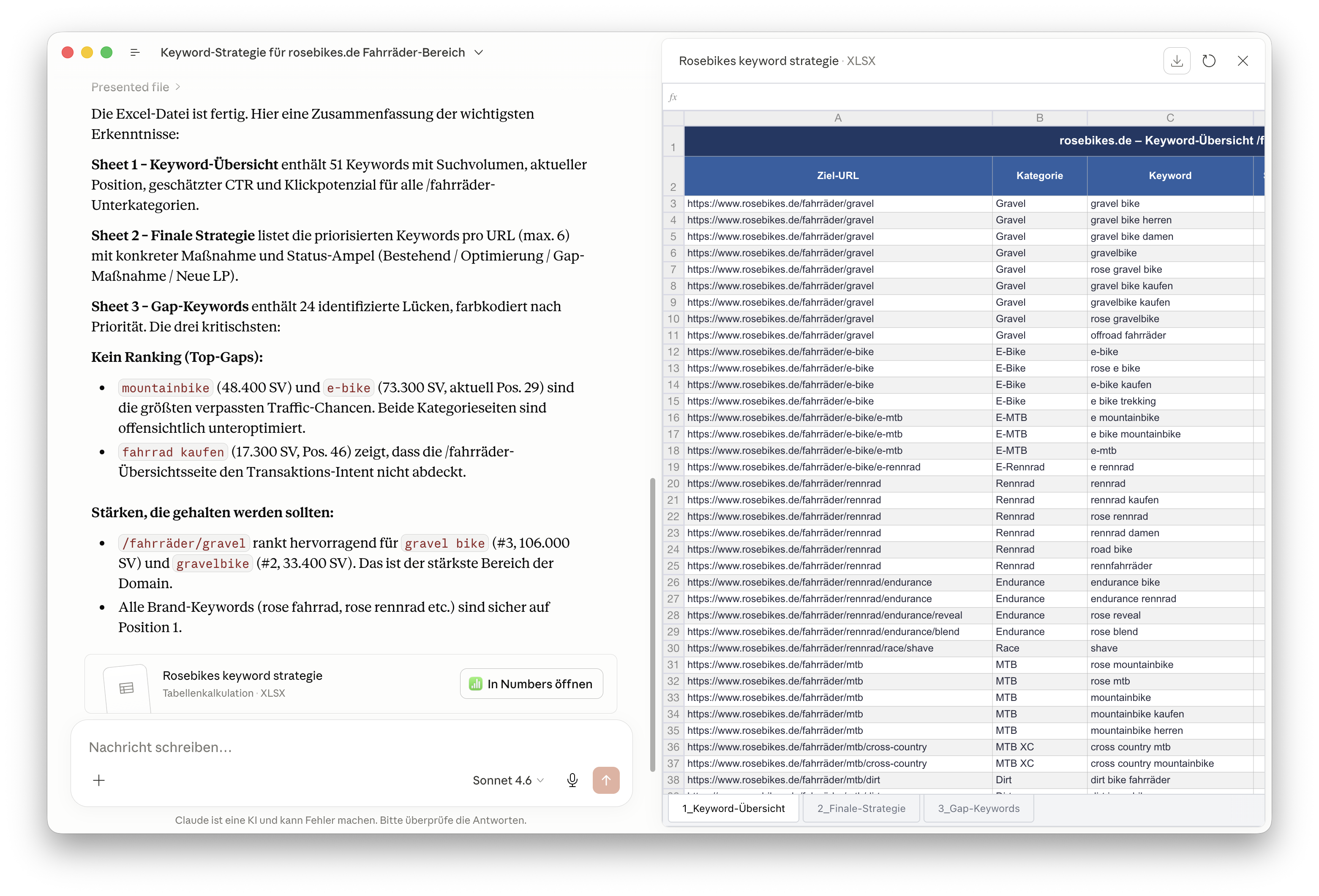 Claude-Chat mit Excel-Vorschau: Rosebikes Keyword-Strategie für Fahrräder, 3 Sheets mit 51 Keywords nach Kategorien (Gravel, E-Bike, Rennrad, MTB), Ziel-URLs und Optimierungsstatus