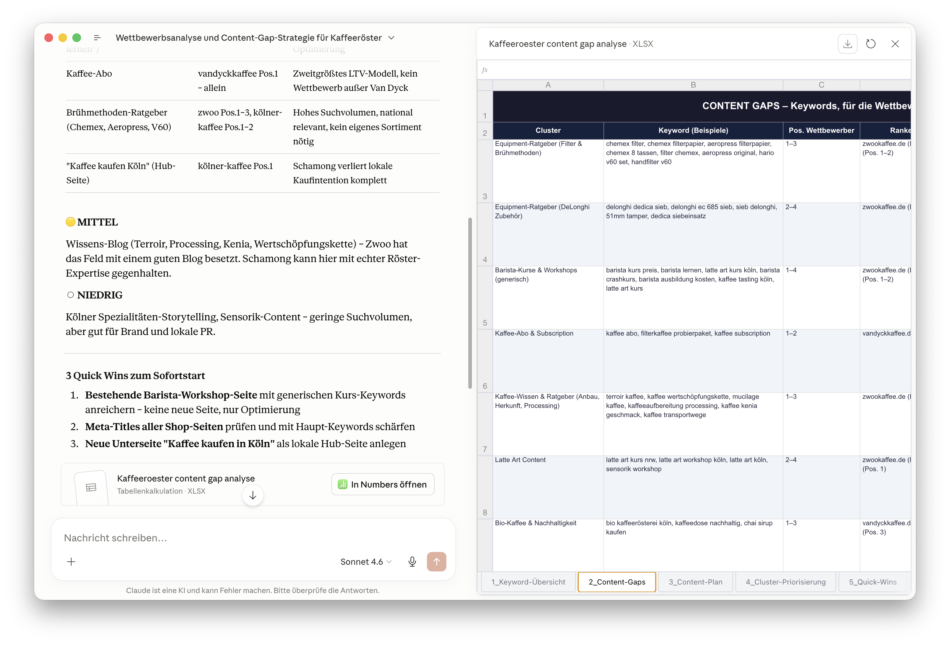 Claude-Chat Content-Gap-Strategie Kaffeeröster mit Excel: Content-Gaps-Sheet zeigt Cluster (Equipment-Ratgeber, Barista-Kurse, Kaffee-Abo, Latte Art), Keyword-Beispiele, Wettbewerber-Position (1-4) und rankende Domain (zwookaffee.de, vandyckkaffee.de)