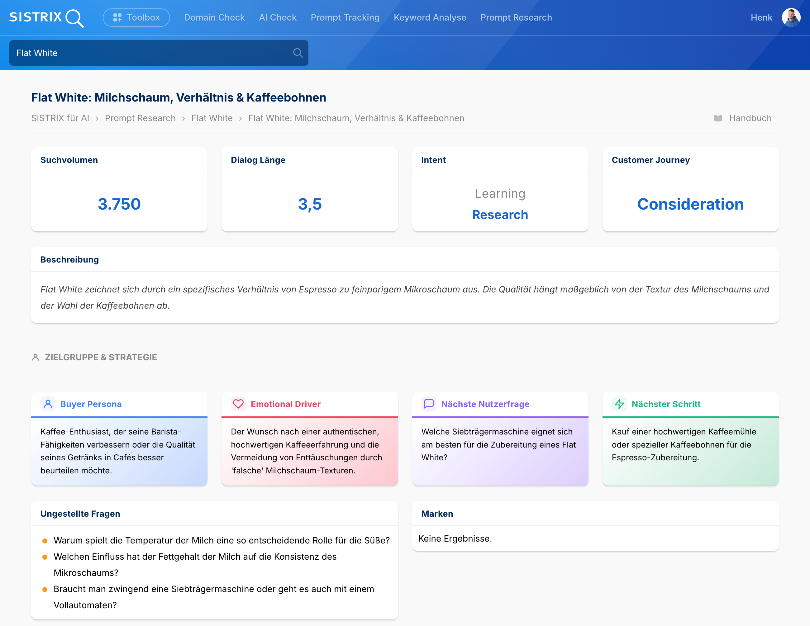 SISTRIX Prompt Research Flat White: Suchvolumen 3.750, Dialog-Länge 3,5, Intent Learning/Research, Customer Journey Consideration mit Buyer Persona, Emotional Driver, Nächste Nutzerfrage, Nächster Schritt