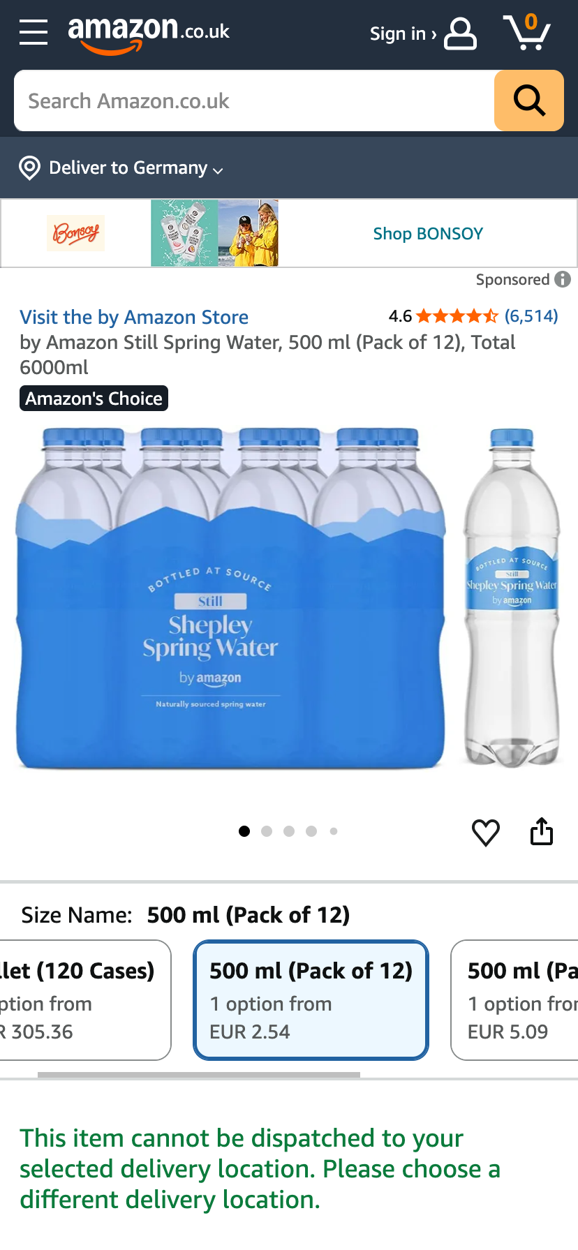 Stilles Wasser der Eigenmarke by Amazon auf Amazon UK mit Amazon's Choice Hinweis.
