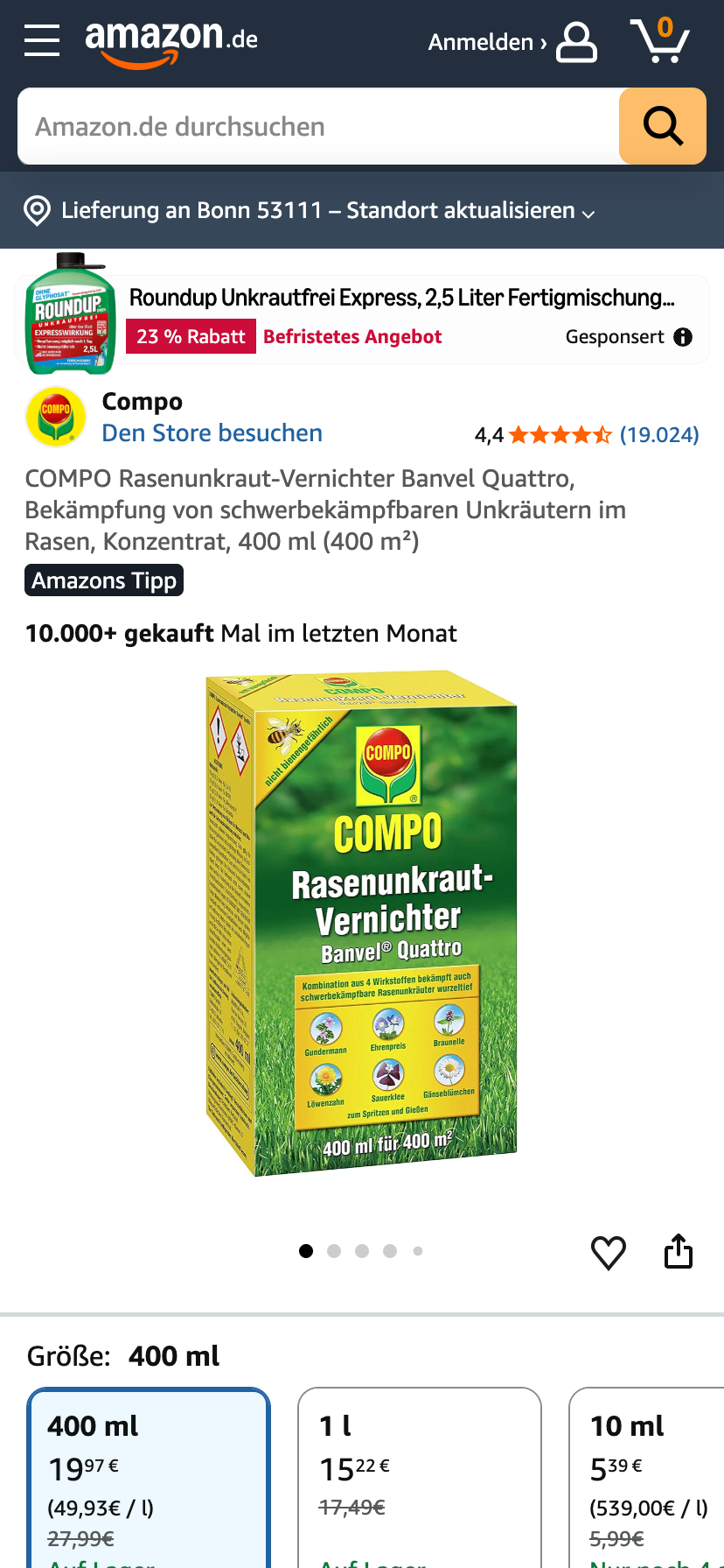 Rasenunkraut-Vernichter von Compo auf Amazon.de mit dem Kennzeichen "Amazons Tipp" und einer Verkaufszahl von 10.000+ innerhalb des letzten Monats.