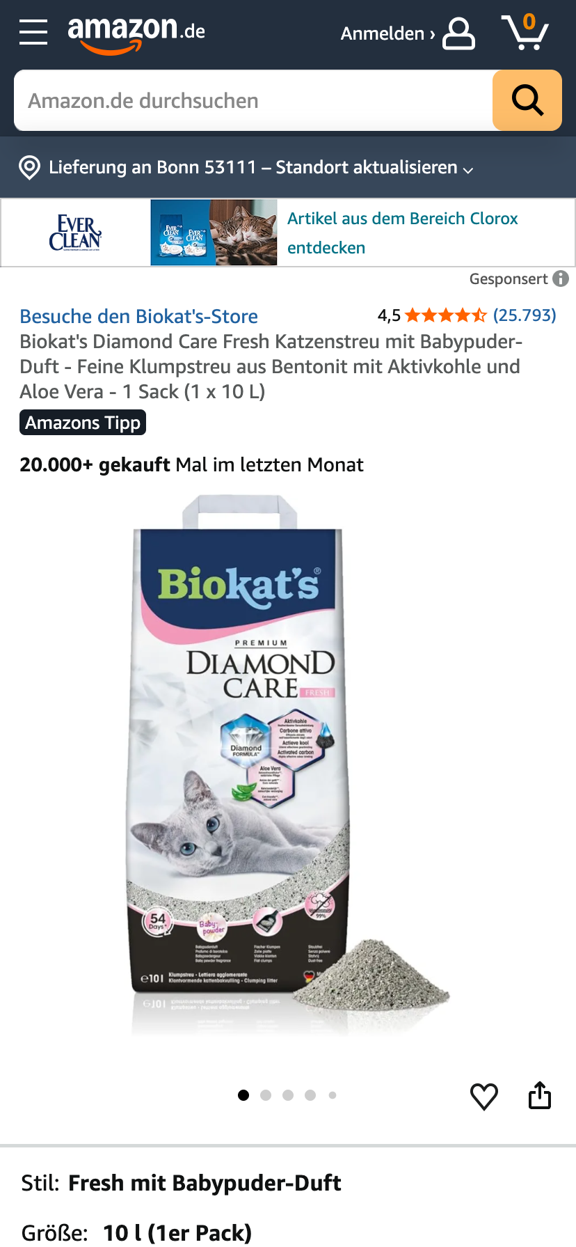 Katzenstreu von Biokat’s auf Amazon.de mit dem Kennzeichen "Amazons Tipp" und einer Verkaufszahl von 20.000+ innerhalb des letzten Monats.