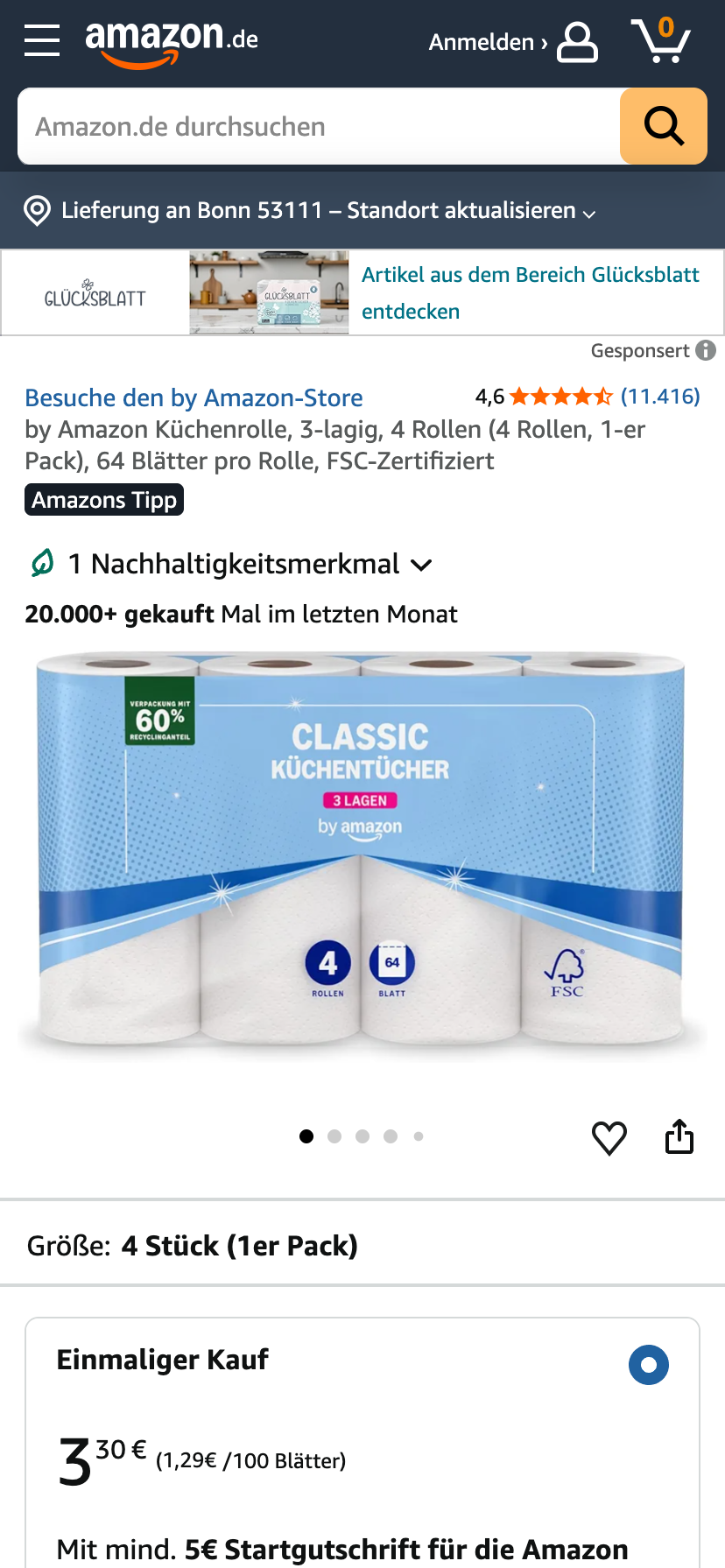 Küchenrolle von der Eigenmarke by Amazon auf Amazon.de mit dem Kennzeichen "Amazons Tipp" und einer Verkaufszahl von 20.000+ innerhalb des letzten Monats.