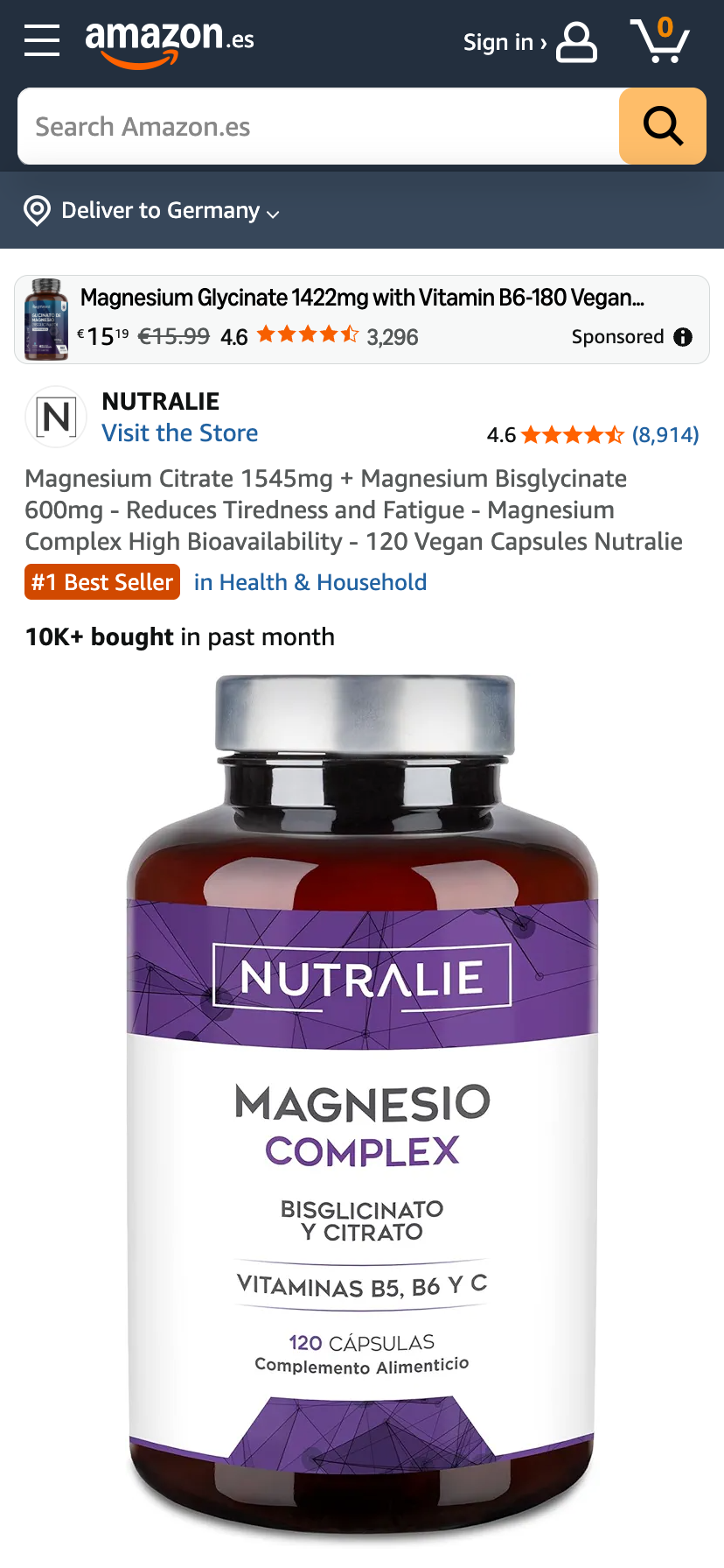 Nahrungsergänzungsmittel von der Marke Nutrailie auf Amazon Spanien mit #1 Best Seller Hinweis und Verkaufszahlen.