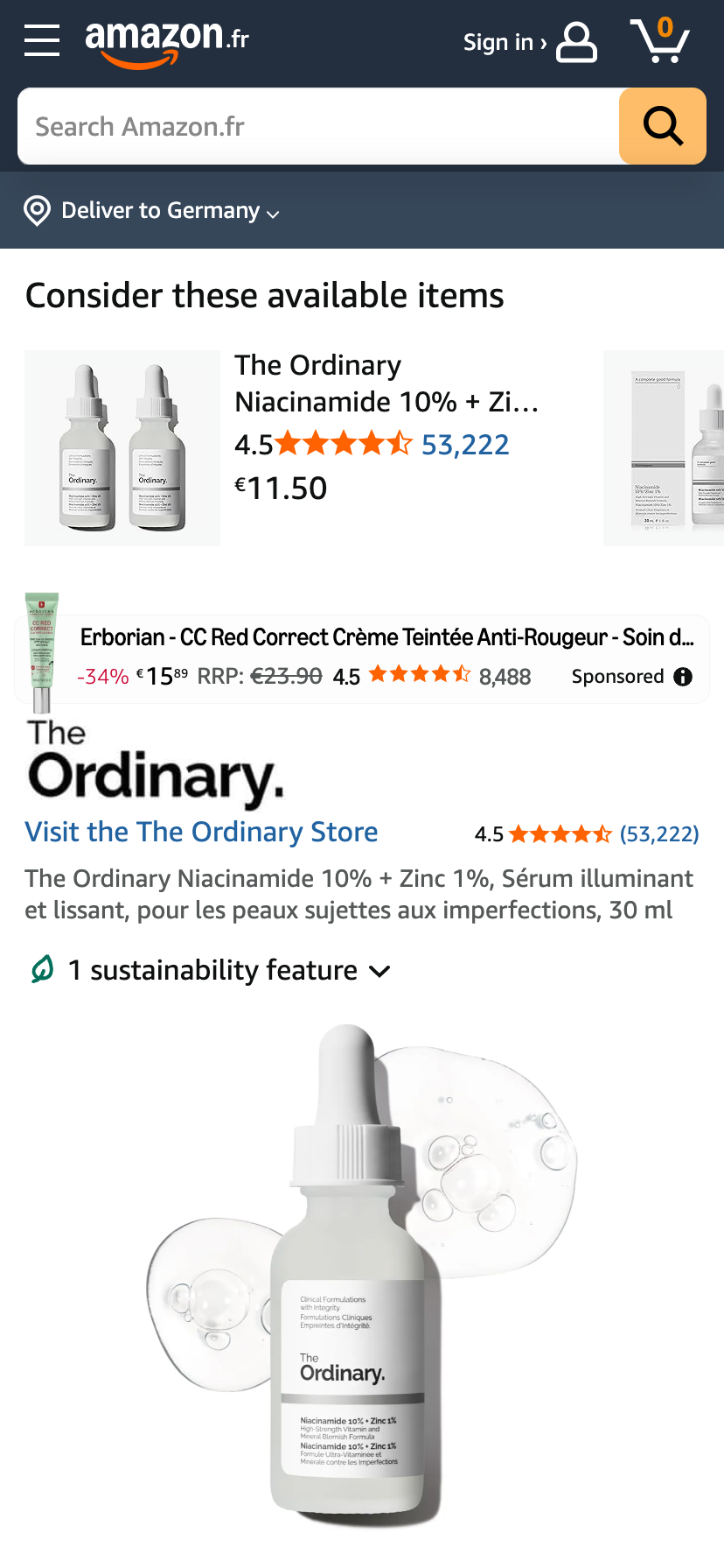 Serum von The Ordinary auf Amazon Frankreich.