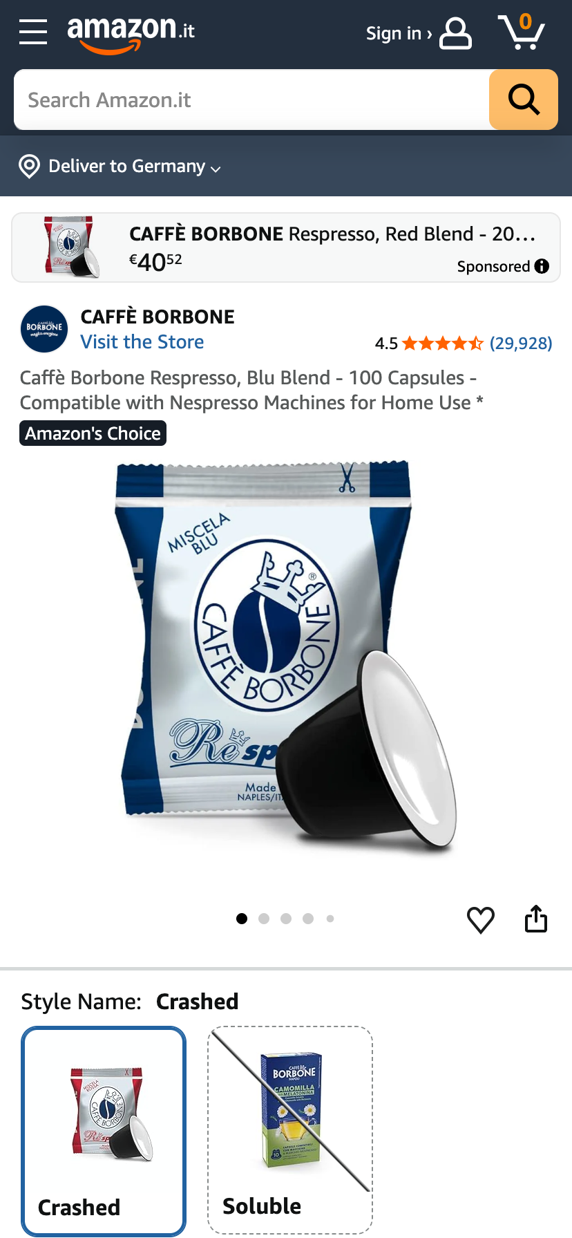Kaffeekapseln der Marke Caffè Borbone auf Amazon Italien mit Amazon's Choice Hinweis.