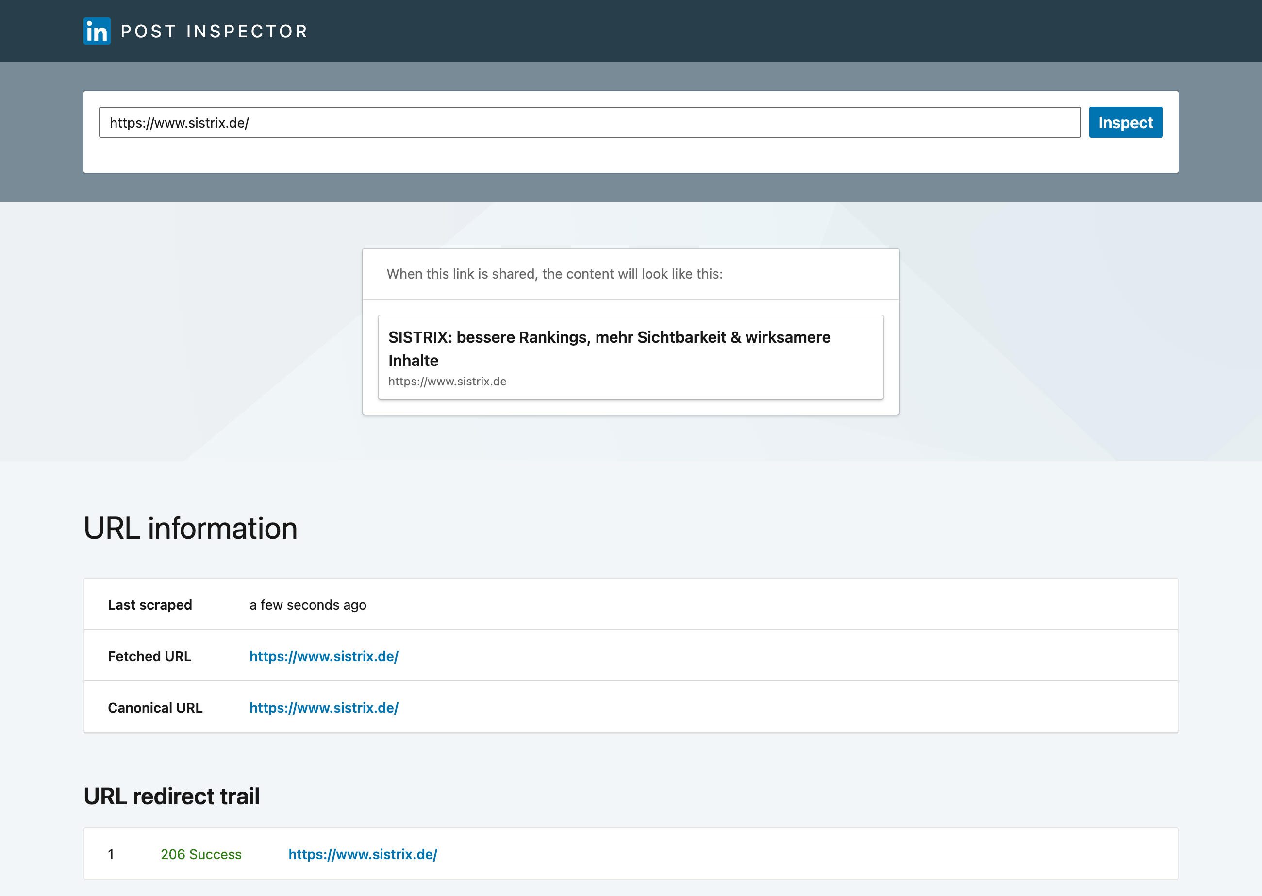 Screenshot des LinkedIn Post Inspectors mit der Vorschau der SISTRIX-Startseite: Titel 'SISTRIX: bessere Rankings, mehr Sichtbarkeit & wirksamere Inhalte' und URL https://www.sistrix.de.