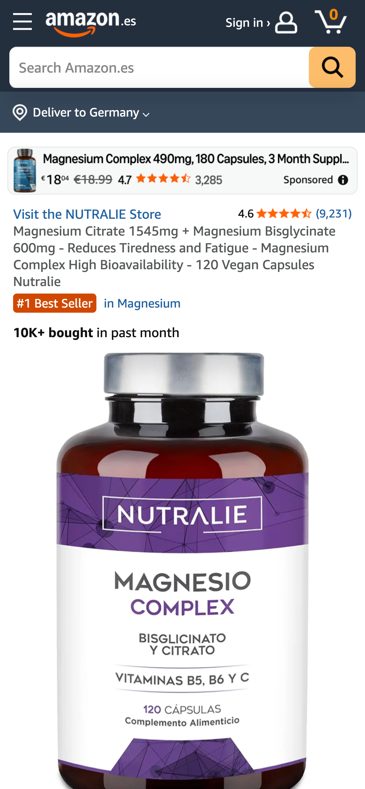 Amazon.es Produktseite: Magnesium Complex 490mg von NUTRALIE, 180 Kapseln, 4,7 Sterne (3.285 Bewertungen), #1 Best Seller, 10K+ gekauft im letzten Monat, Preis €18,04