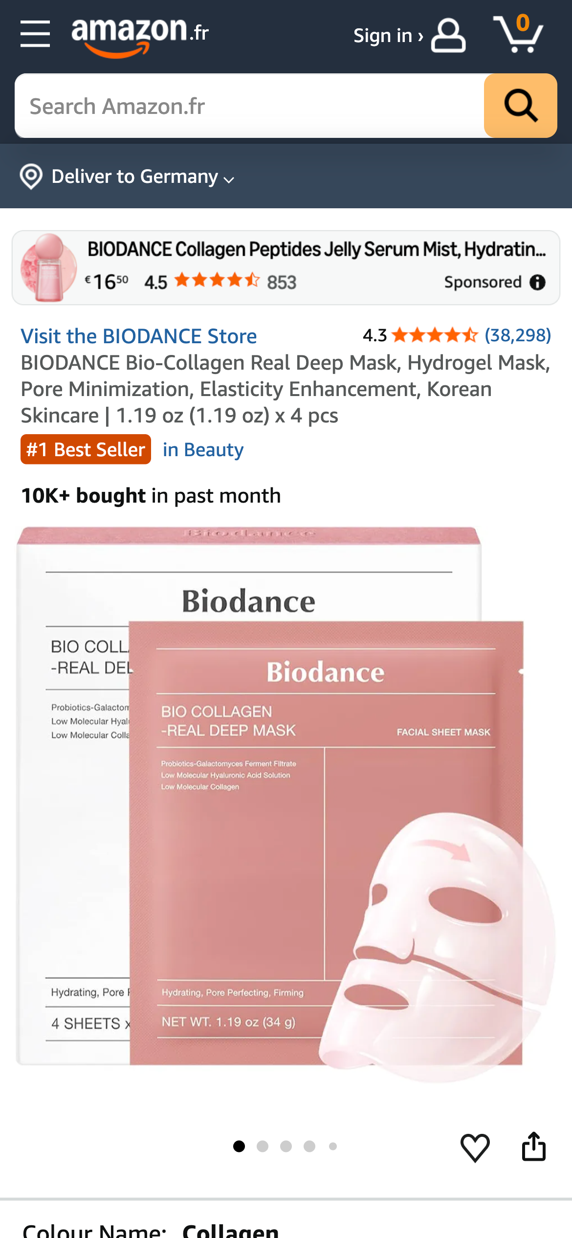 Amazon.fr Produktseite: BIODANCE Bio-Collagen Deep Mask von BIODANCE, 4,3 Sterne (38.298 Bewertungen), #1 Best Seller in Beauty, 10K+ gekauft, 4 Sheet Masken