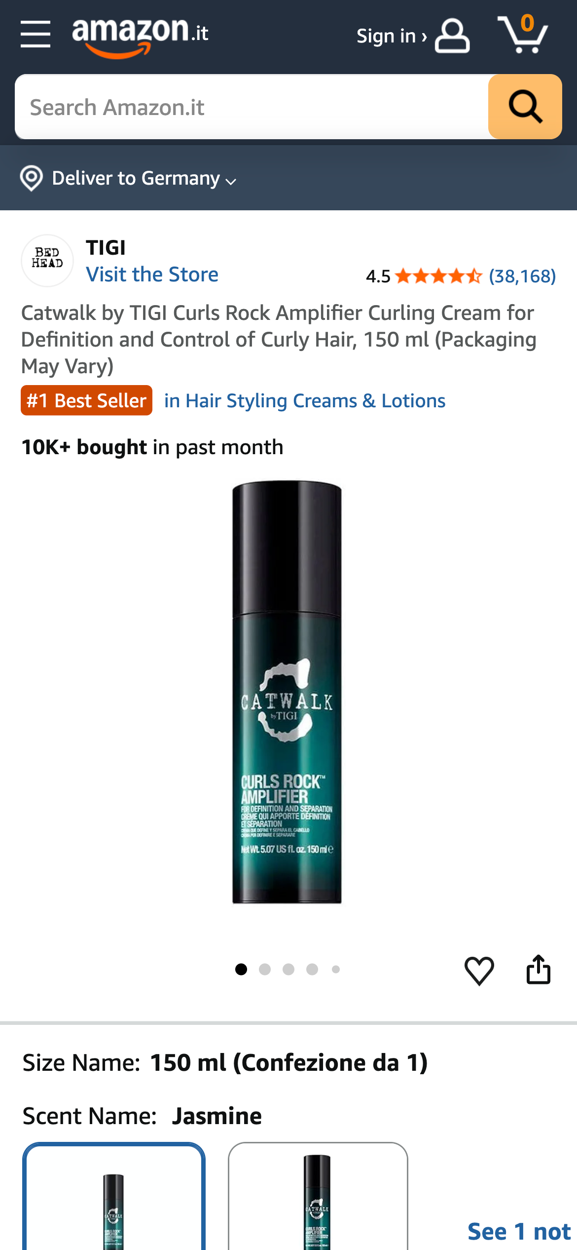 Amazon.it Produktseite: Catwalk by TIGI Curls Rock Amplifier Styling Cream, 4,5 Sterne (38.168 Bewertungen), #1 Best Seller in Hair Styling, 150ml, Verpackung kann variieren
