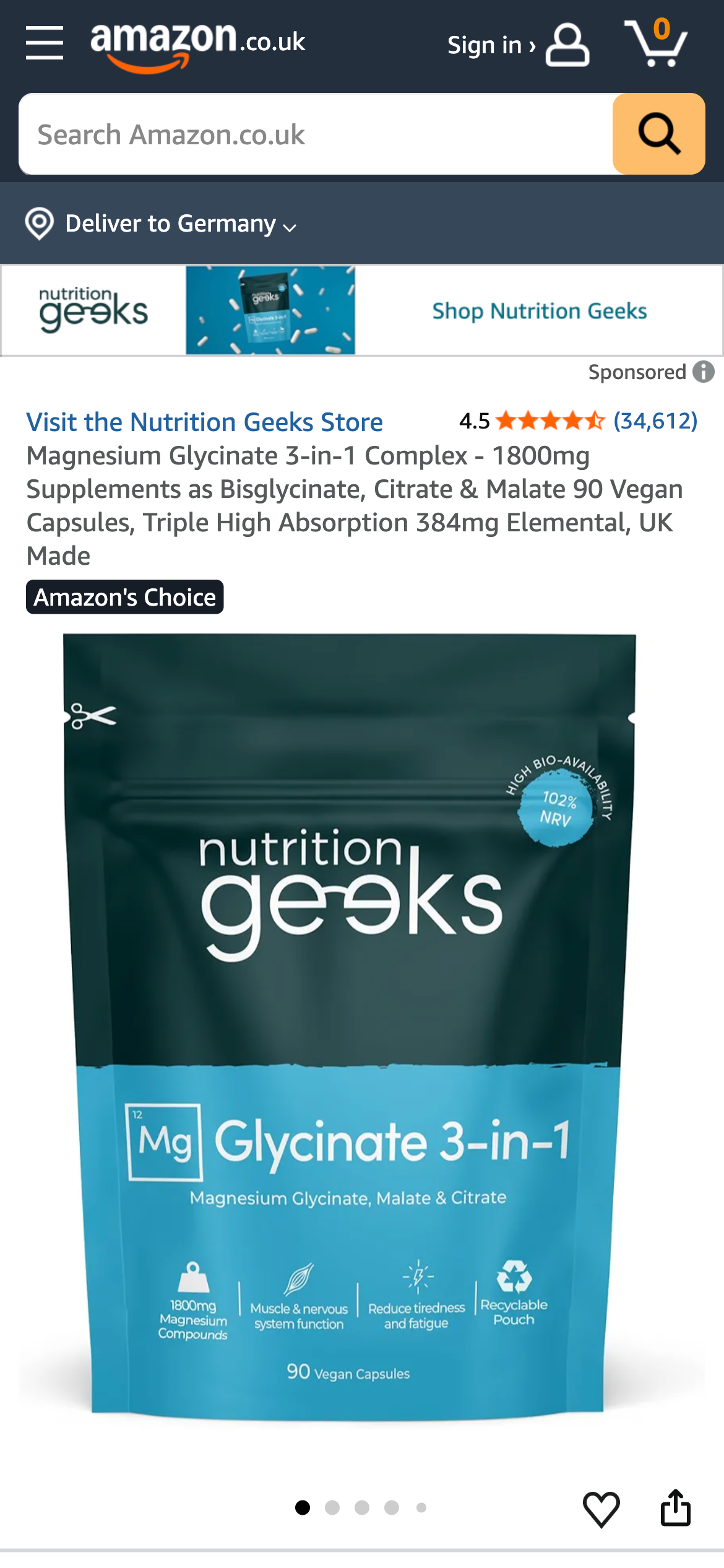 Amazon.co.uk Produktseite: Nutrition Geeks Magnesium Glycinate 3-in-1 Complex, 1800mg, 90 Kapseln, 4,5 Sterne (34.612 Bewertungen), Amazon's Choice, UK Made