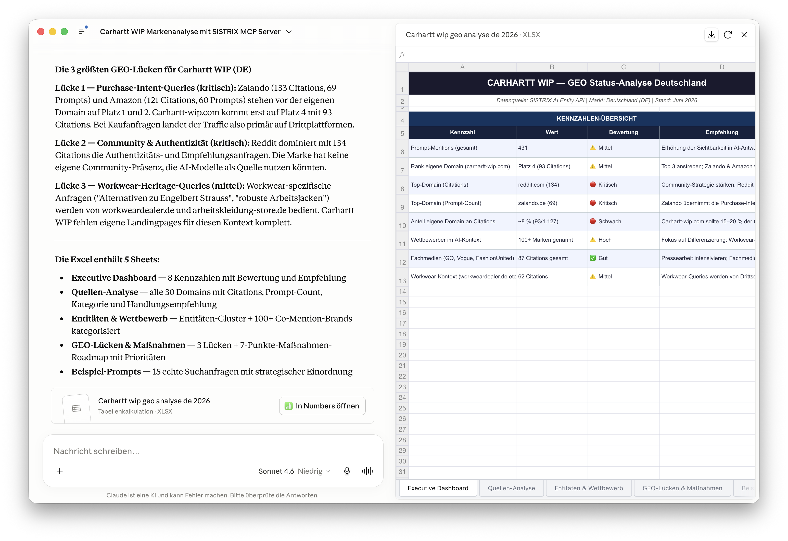 Claude-Chat Carhartt WIP Markenanalyse mit Excel: GEO Status-Analyse Deutschland, 3 Lücken identifiziert, 5 Sheets, Kennzahl-Tabelle mit Bewertungen