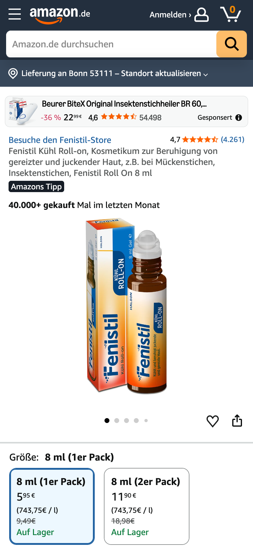 Kühl-Roll-On von Fenistil auf Amazon.de mit dem Kennzeichen "Amazons Tipp" und einer Verkaufszahl von 40.000+ innerhalb des letzten Monats.