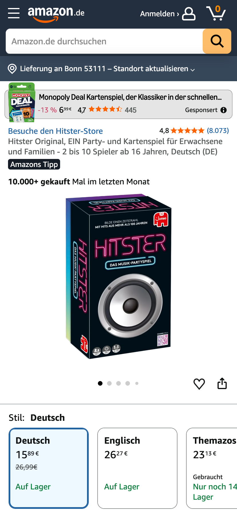 Musik-Kartenspiel “Hitster” auf Amazon.de mit dem Kennzeichen "Amazons Tipp" und einer Verkaufszahl von 10.000+ innerhalb des letzten Monats.