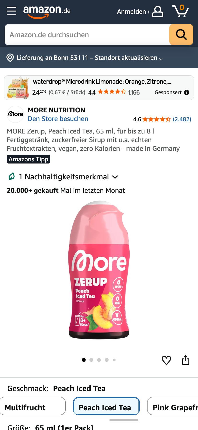 Pfirsich-Eistee-Sirup der Hype-Marke More auf Amazon.de mit dem Kennzeichen "Amazons Tipp" und einer Verkaufszahl von 20.000+ innerhalb des letzten Monats.