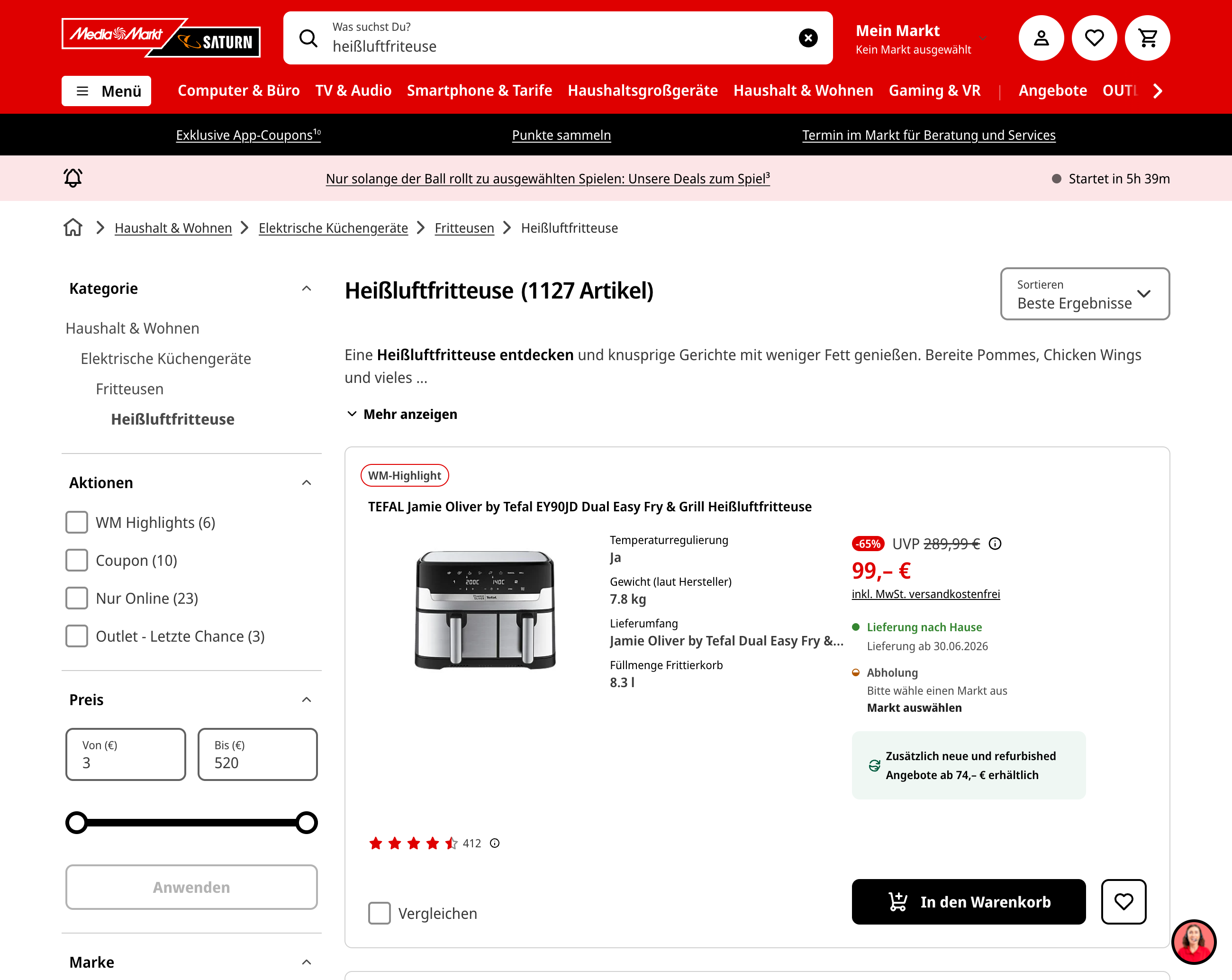 Media Markt Produktseite für Heißluftfritteusen.
