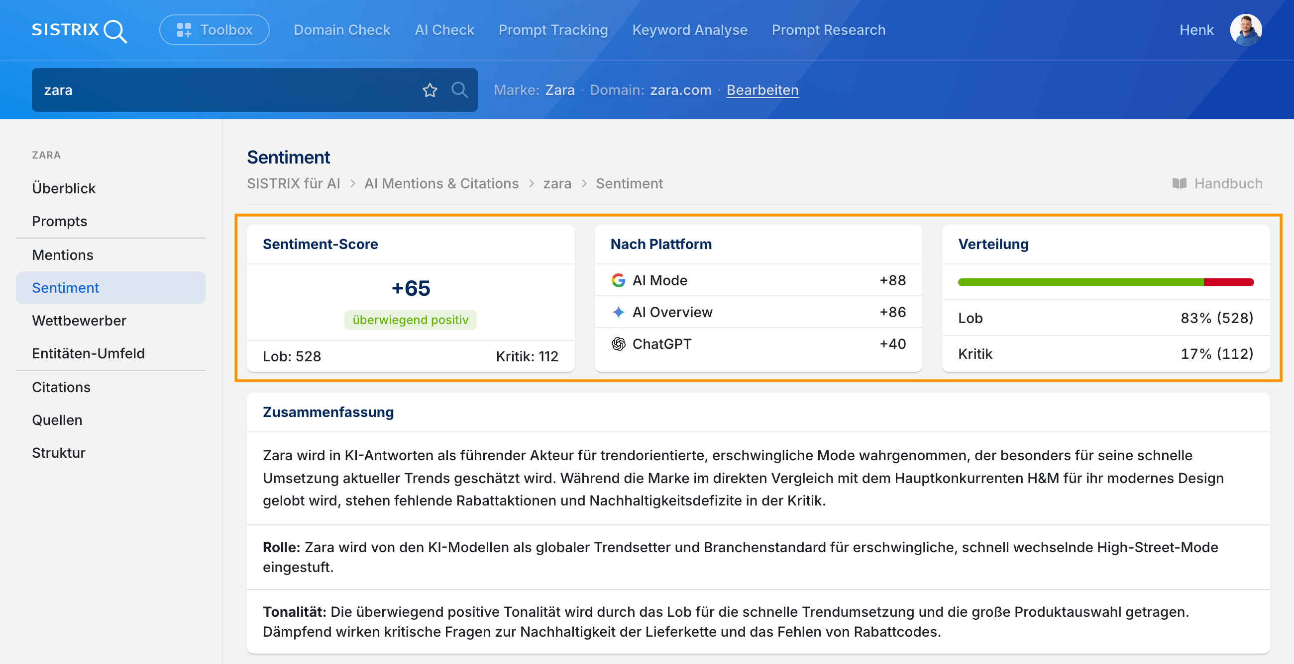 Sentiment-Seite im AI Check mit Sentiment-Score, Aufschlüsselung nach KI-Plattform, Verteilung von Lob und Kritik sowie einer Zusammenfassung zu Rolle und Tonalität der Marke.