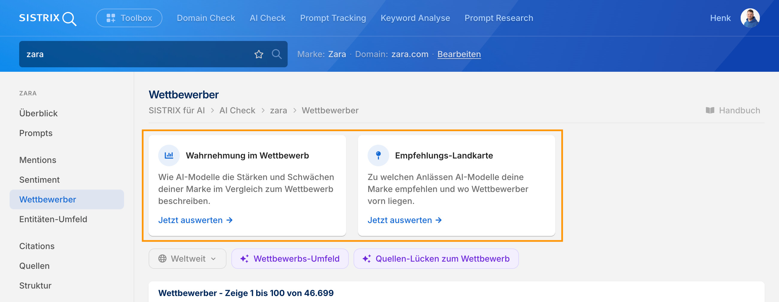 Wettbewerber-Übersicht im AI Check mit den beiden neuen Analysen Wahrnehmung im Wettbewerb und Empfehlungs-Landkarte, darunter die Liste der erkannten Wettbewerber.