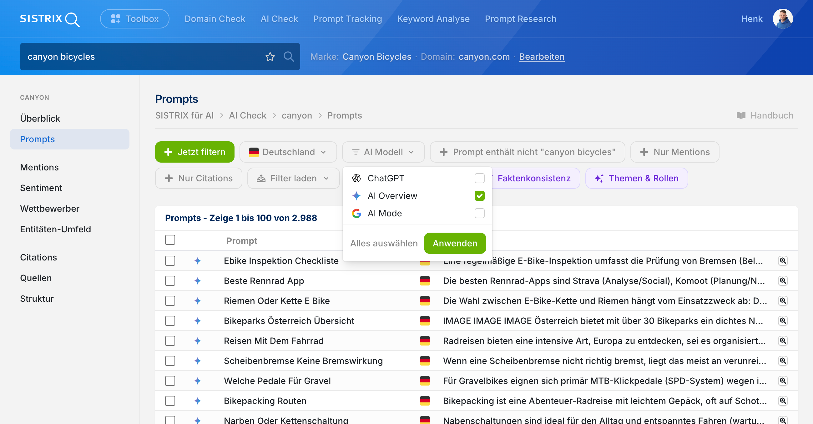 SISTRIX AI Check Canyon Bicycles: 2.988 Prompts, Filter Deutschland/AI Modelle, Prompt-Liste "Ebike Inspektion", "Beste Rennrad App", "Riemen Oder Kette E Bike"