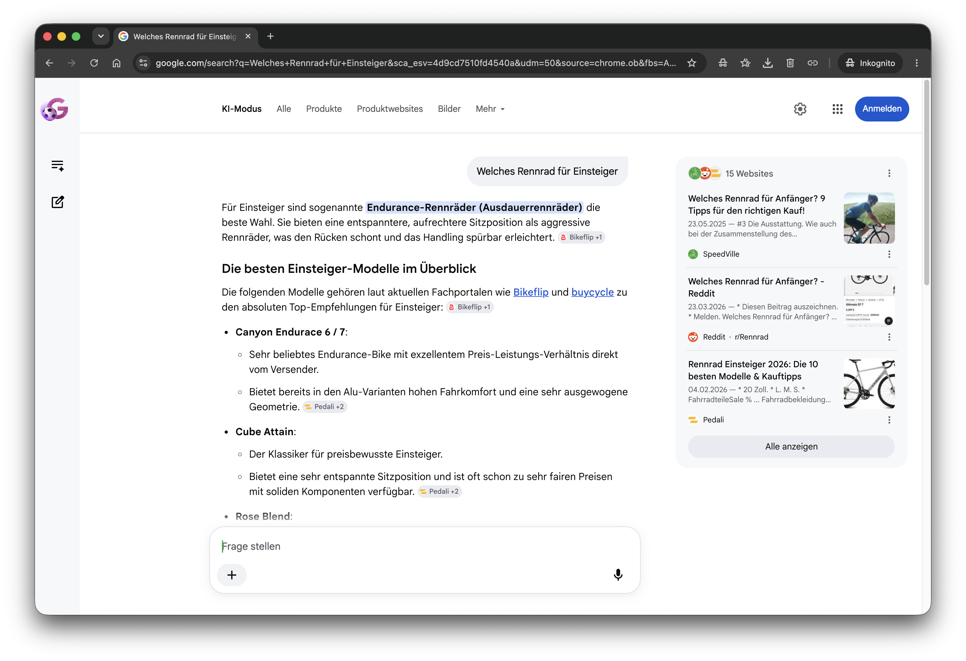 Google AI Mode mit der KI-Antwort auf die Frage Welches Rennrad für Einsteiger. Die Antwort empfiehlt Endurance-Rennräder und nennt Modelle wie Canyon Endurace, Cube Attain und Rose, jeweils mit Quellenverweisen wie Bikeflip und Pedali sowie einer Liste von 15 Websites in der rechten Spalte.