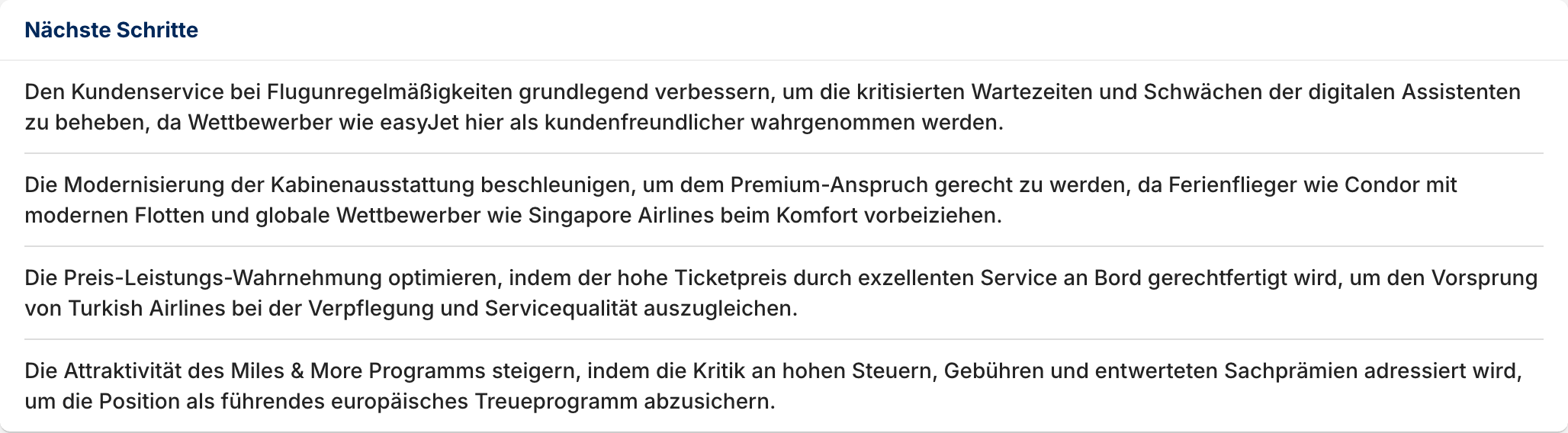 Box Nächste Schritte mit konkreten Handlungsempfehlungen, die sich aus den Führungs-Feldern und verlorenen Feldern ableiten.