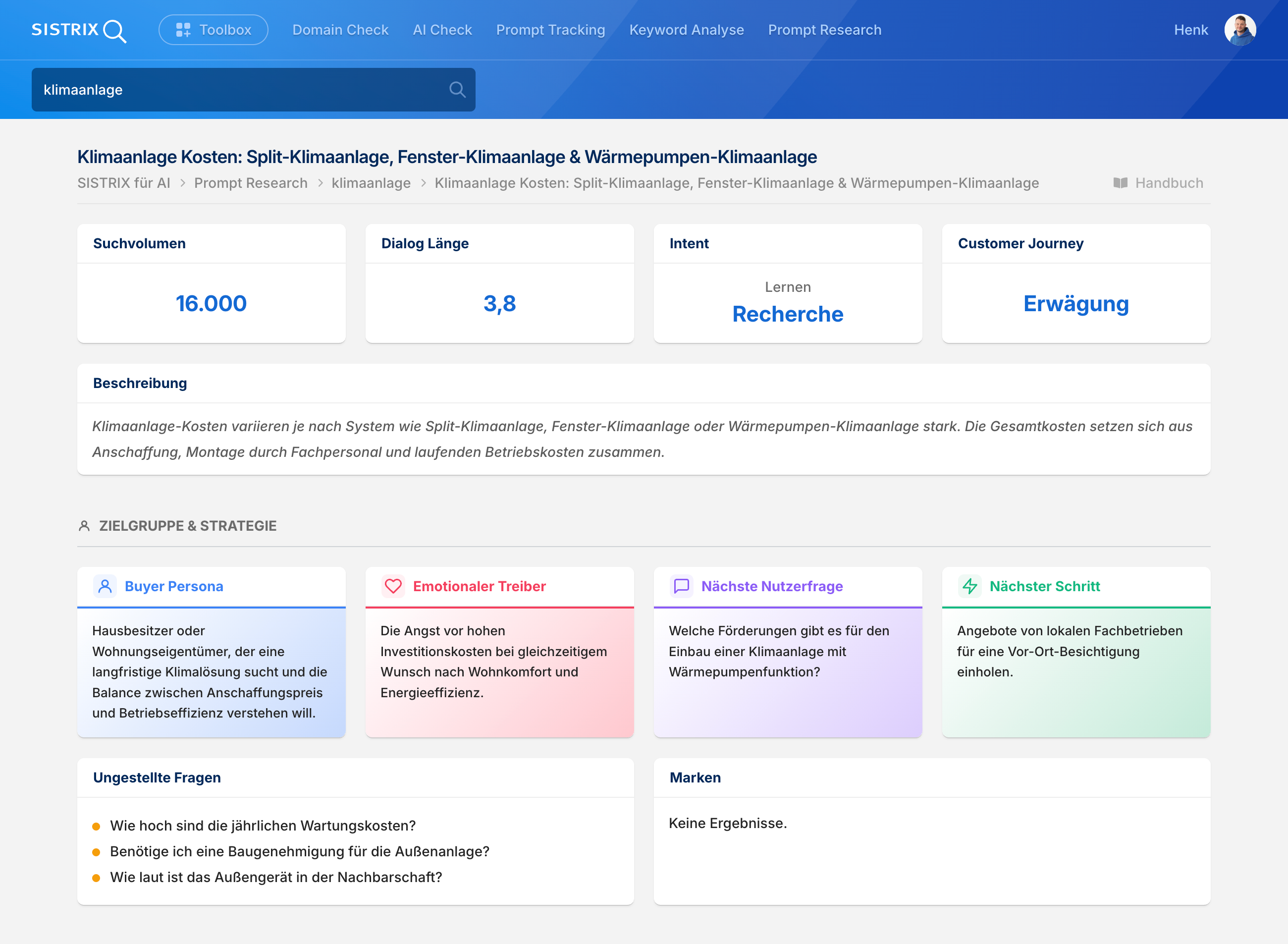 SISTRIX Prompt Research, Detailansicht ,Klimaanlage Kosten' für klimaanlage: Suchvolumen, Buyer Persona, emotionaler Treiber und ungestellte Fragen wie Wartungskosten und Baugenehmigung.