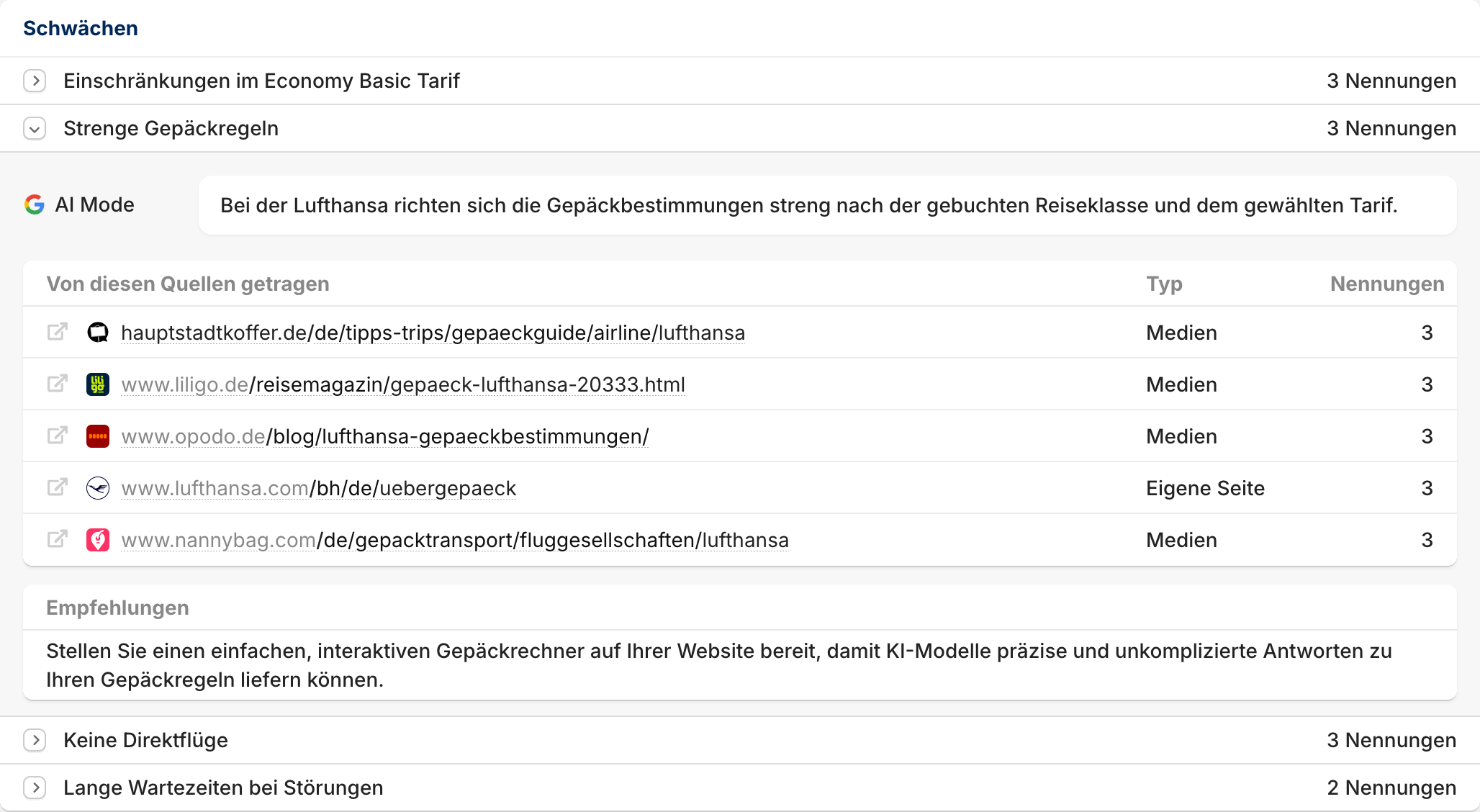 Aufgeklappte Schwächen in der Sentiment-Analyse mit Kritikpunkten je KI-Plattform, den Quellen dahinter und einer Empfehlung zum Gegensteuern.