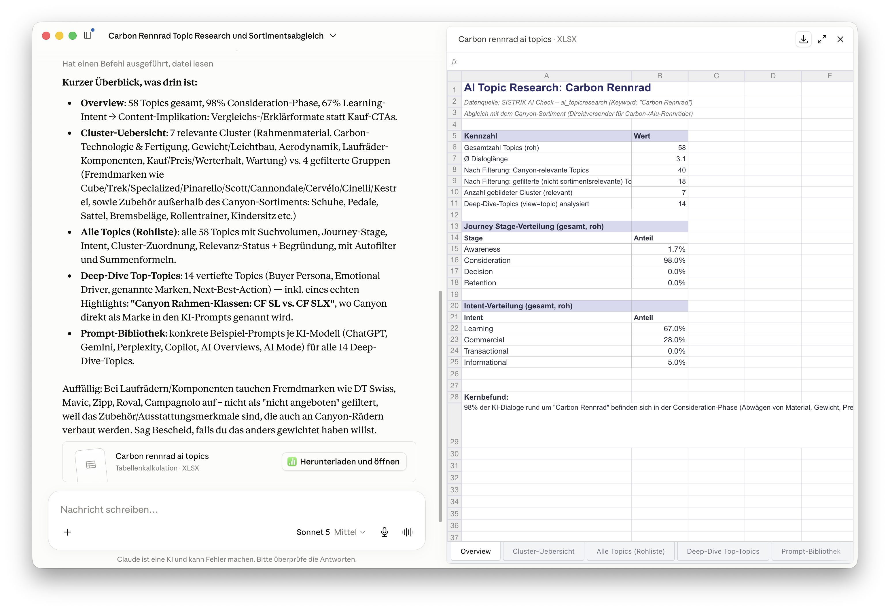 Chatbot-Antwort über den SISTRIX MCP Server zum Thema Carbon Rennrad: 56 Topics abgefragt, in sieben Cluster sortiert und als Excel-Datei ausgegeben, mit den Reitern Overview, Cluster-Übersicht, Alle Topics, Deep-Dive Top-Topics und Prompt-Bibliothek.