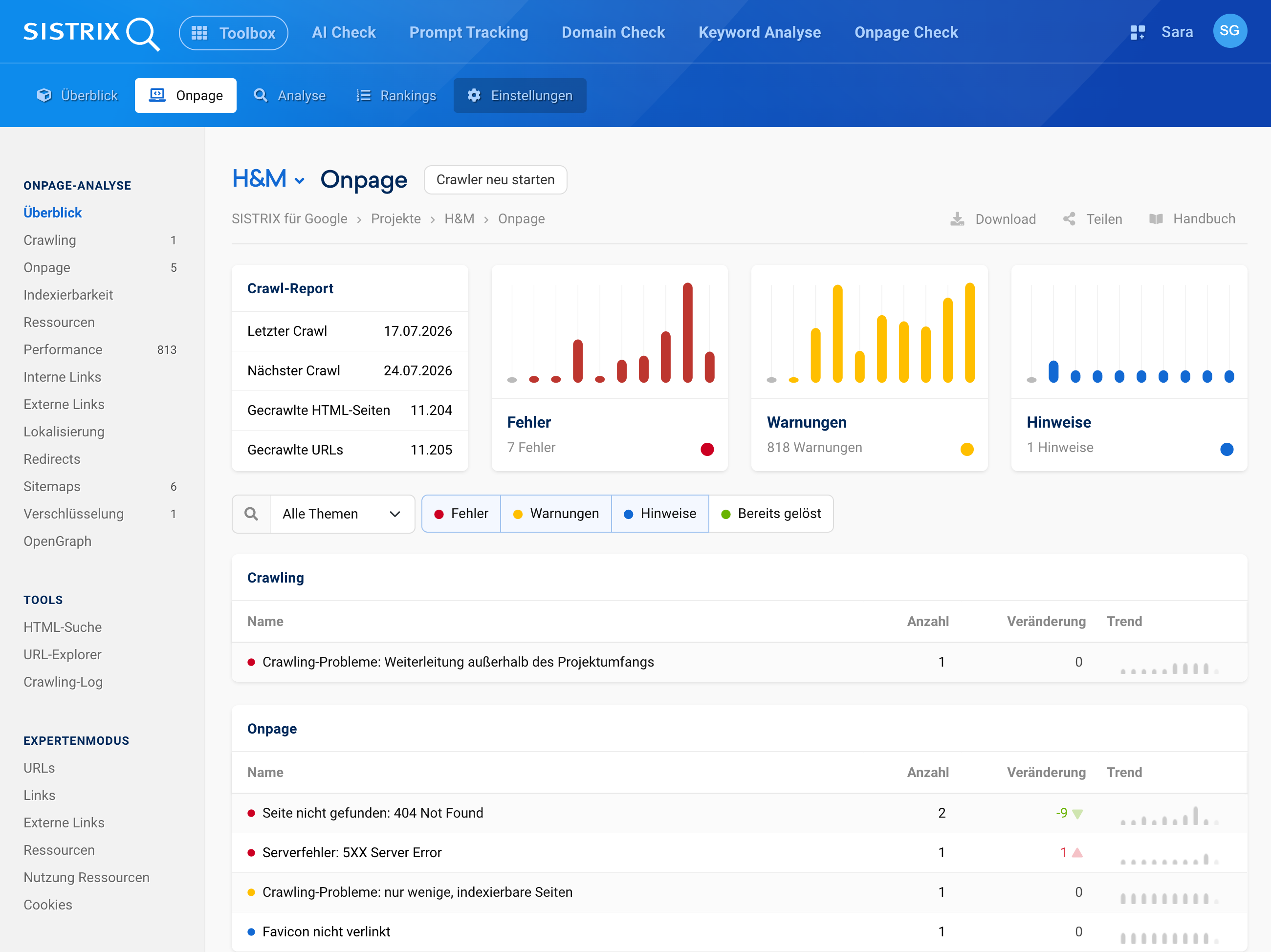 Onpage-Projekt Überblick von H&M.