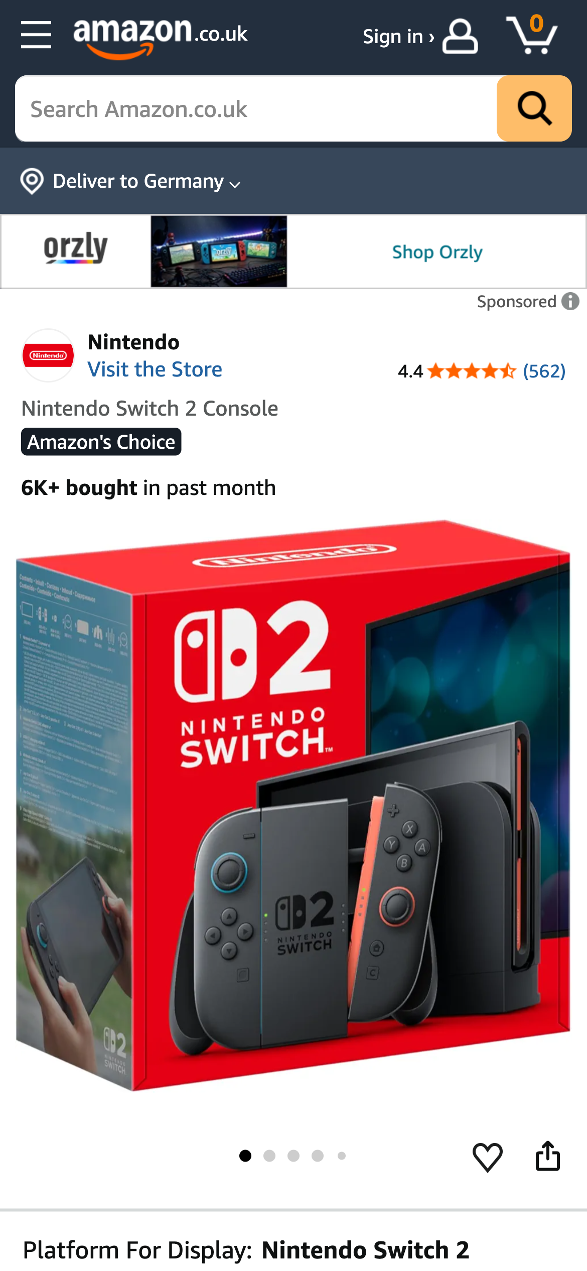 Nintendo Switch Konsole auf Amazon UK mit Amazon's Choice Hinweis.