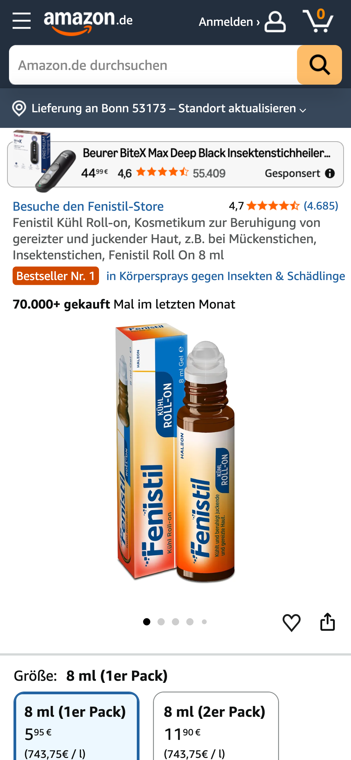 Kühl Roll-on von Fenistil auf Amazon.de mit dem Kennzeichen "Bestseller Nr. 1" und einer Verkaufszahl von 70.000+ innerhalb des letzten Monats.