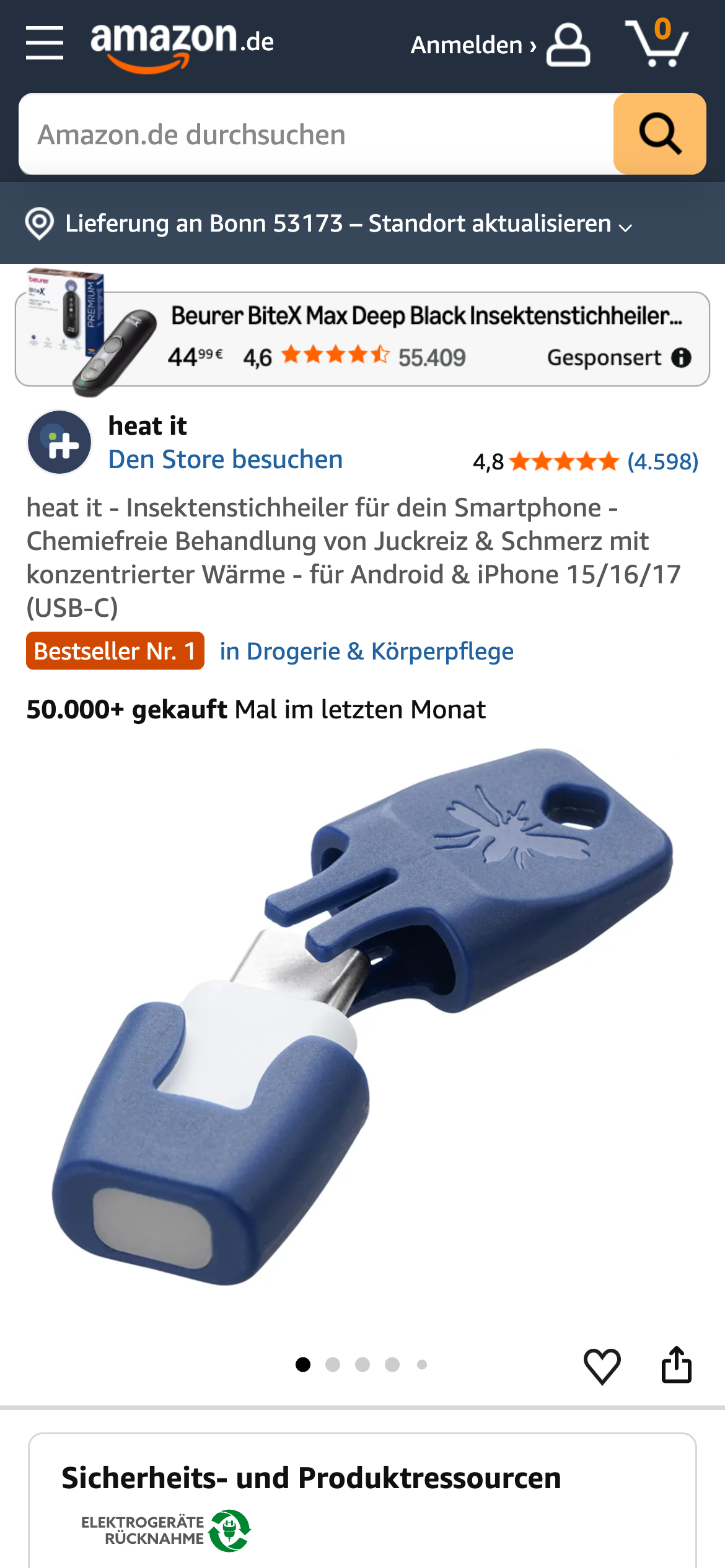 Insektenstichheiler von heat it auf Amazon.de mit dem Kennzeichen "Bestseller Nr. 1" und einer Verkaufszahl von 50.000+ innerhalb des letzten Monats.