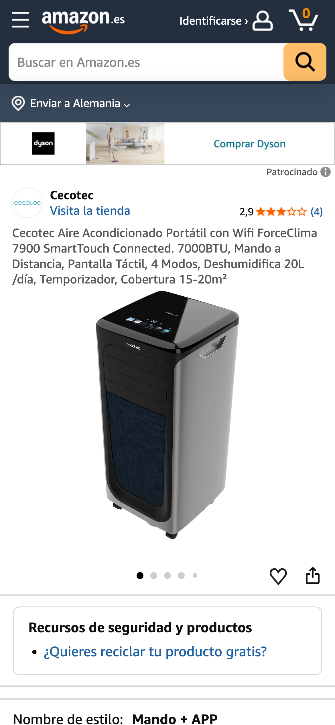 Mobile Klimaanlage von der Marke Cecotec auf Amazon Spanien.
