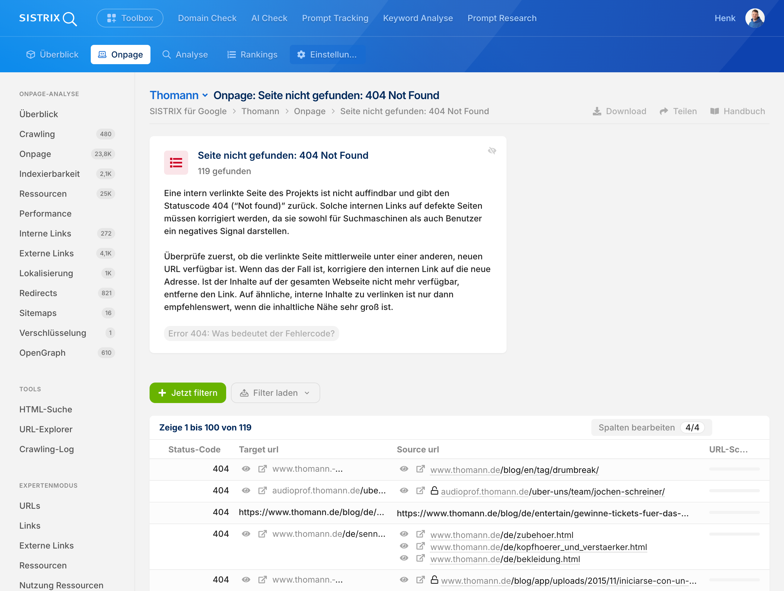 SISTRIX Onpage-Analyse für Thomann: 119 gefundene 404-Fehler mit Tabelle aus Ziel- und Quell-URLs, samt Erklärung zur Korrektur interner Links.