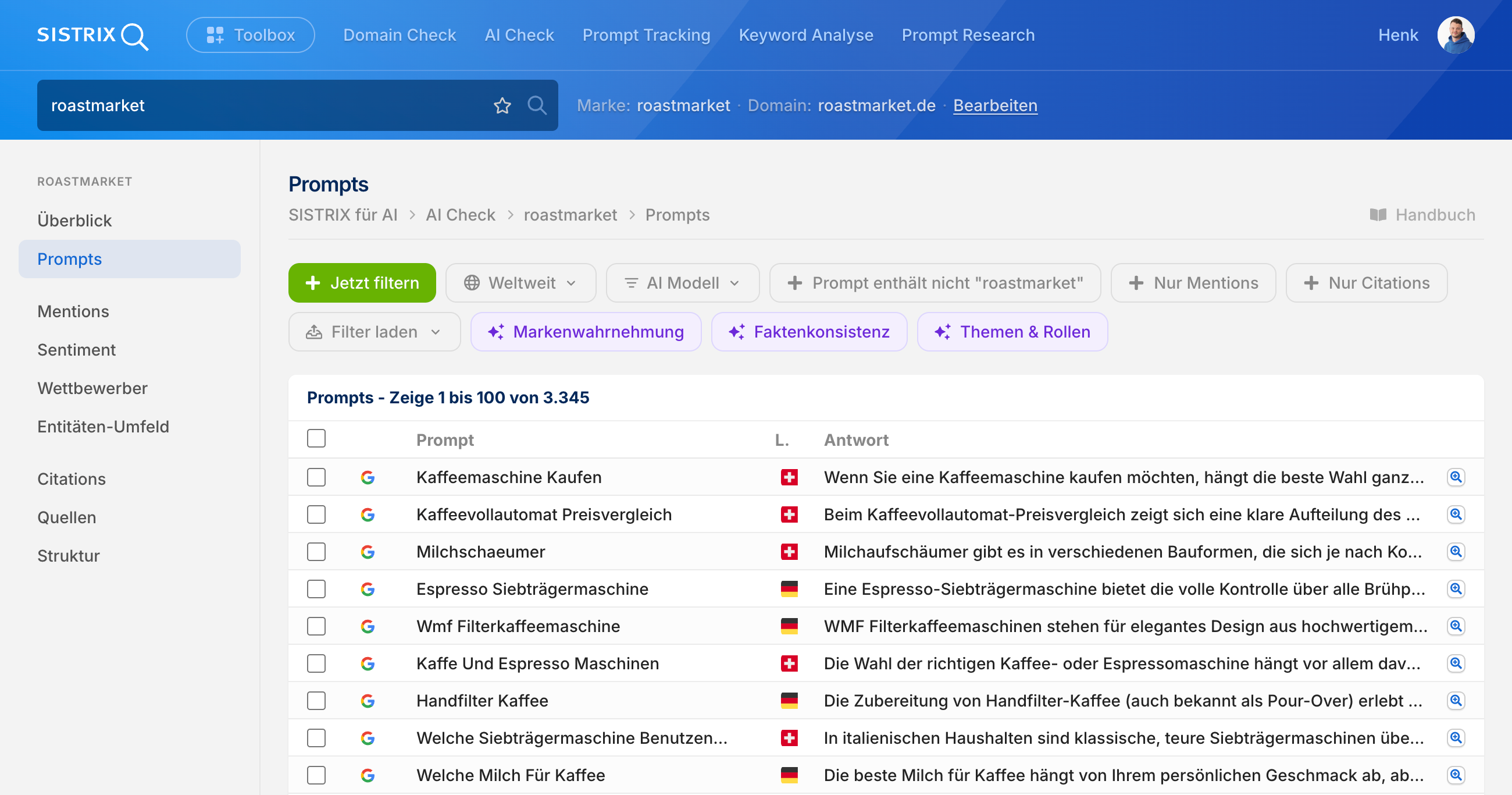 SISTRIX Prompts-Übersicht für Roastmarket: Tabelle mit AI-Prompts, Position und AI-Antworten, filterbar nach Modell und enthaltenen Begriffen.