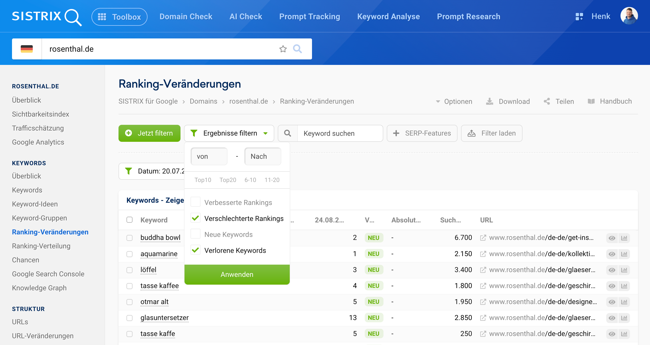 Übersicht der Ranking-Veränderungen für rosenthal.de in SISTRIX, gefiltert nach verschlechterten und verlorenen Keywords wie „buddha bowl