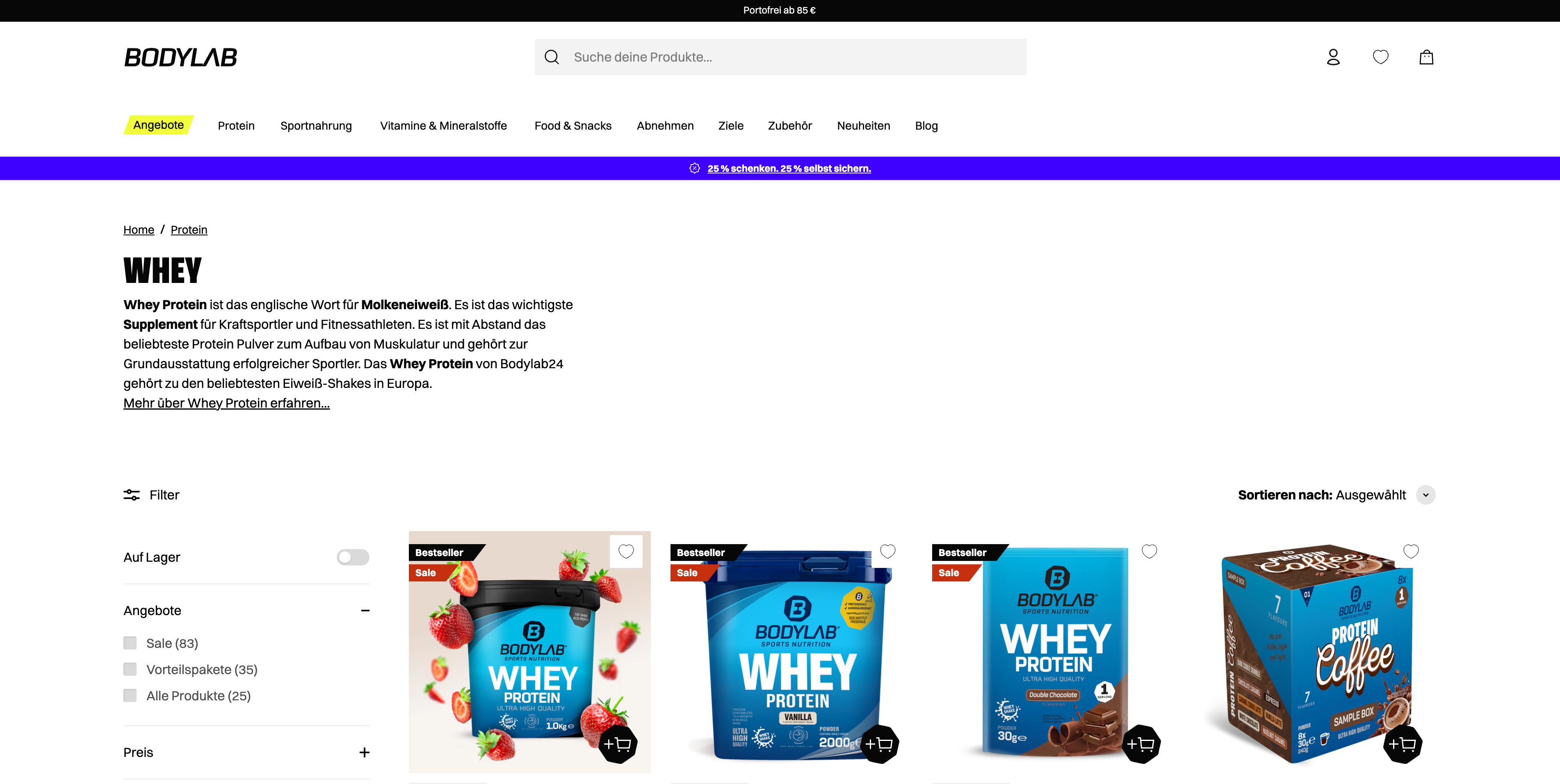 Übersicht der Whey-Angebote auf Bodylab24.
