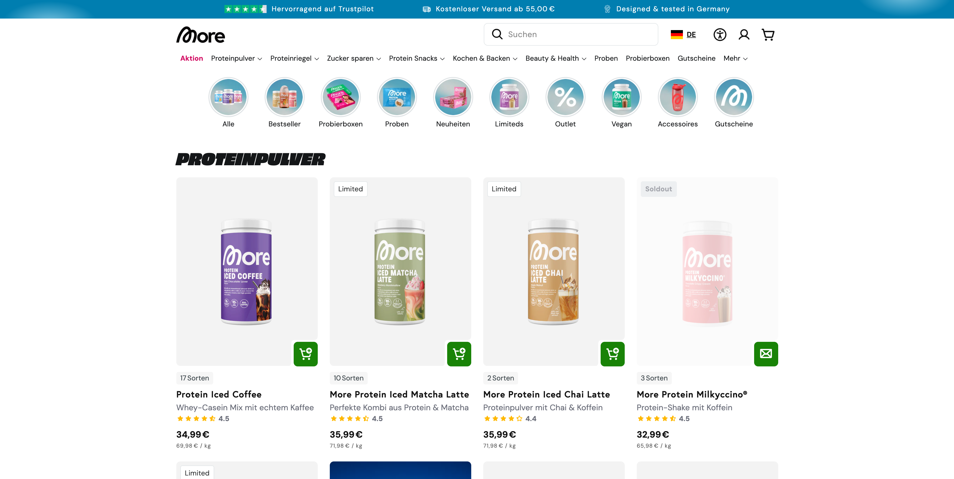 Übersicht der Protein-Angebote auf morenutrition.de.