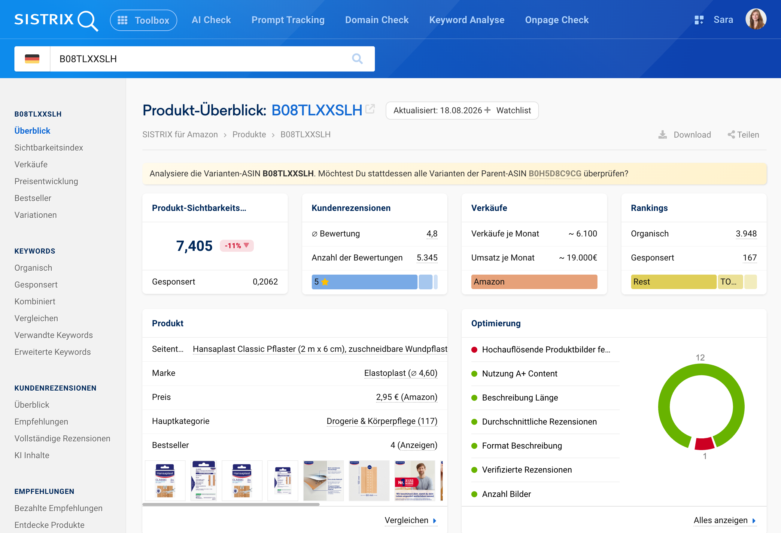 Screenshot der SISTRIX Toolbox: Produkt-Überblick einer Amazon-ASIN mit Sichtbarkeitsindex, Verkaufszahlen, Rankings und einer Optimierungs-Checkliste für das Listing.