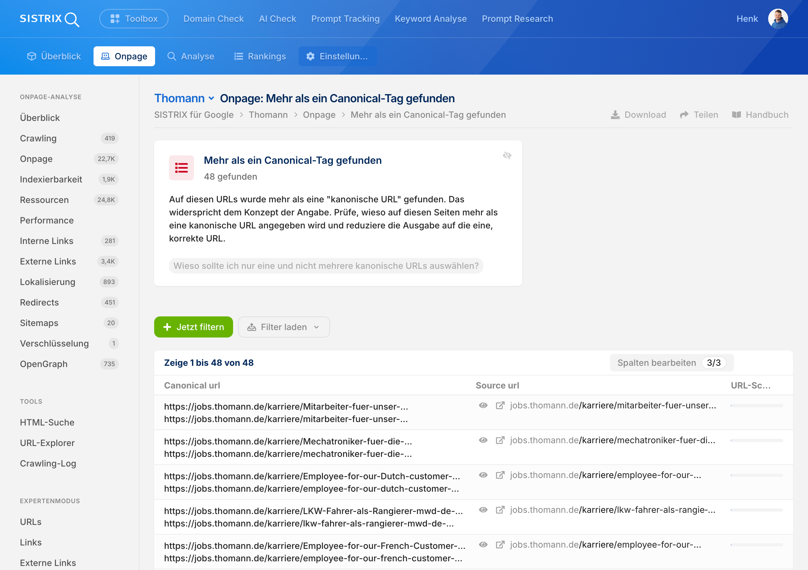 Onpage-Analyse zum Issue "Mehr als ein Canonical-Tag gefunden" mit 48 betroffenen URLs, darunter mehrere Karriereseiten mit jeweils zwei kanonischen URLs.