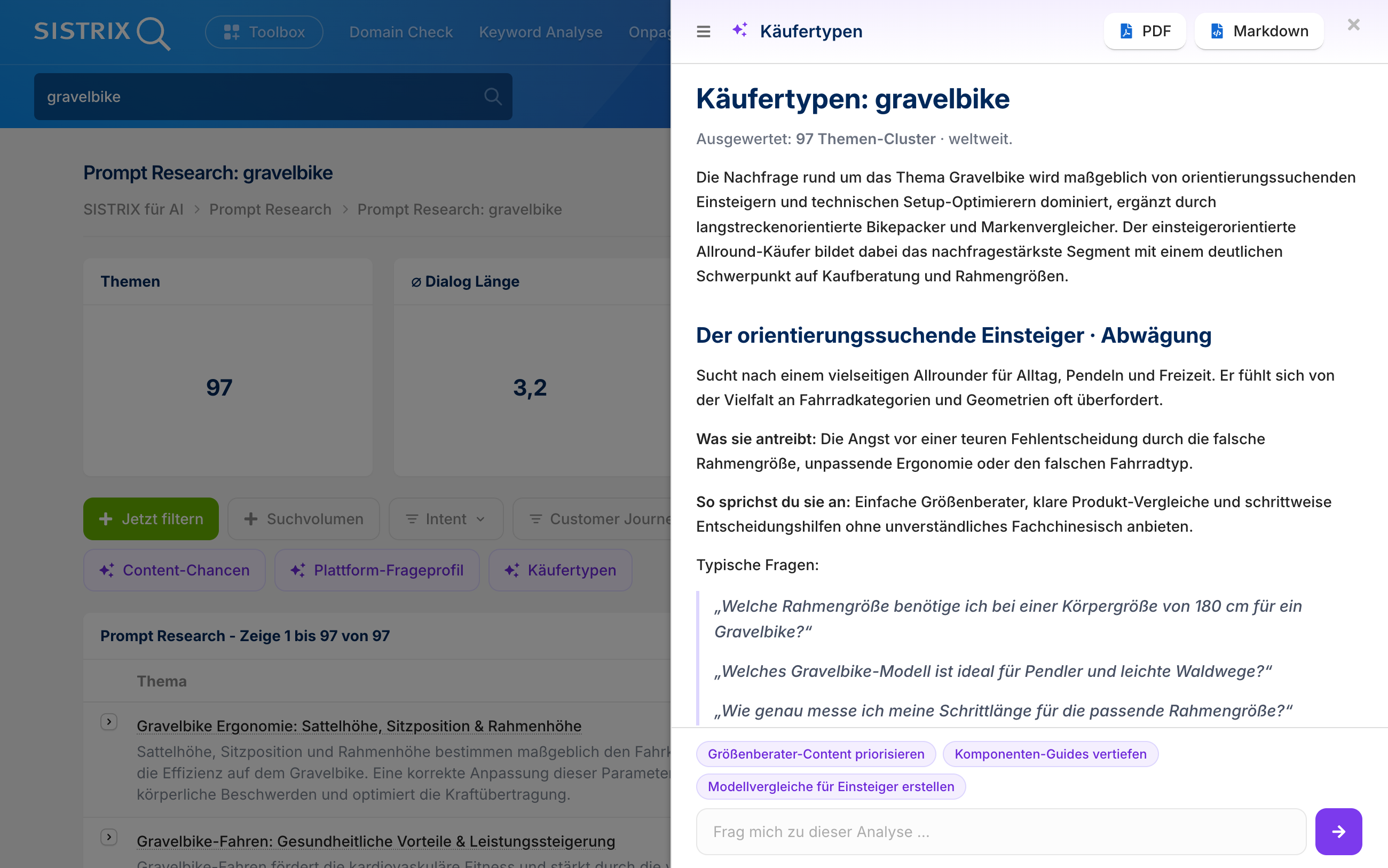 SISTRIX Prompt Research, Deep Dive ,Käufertypen' für gravelbike: 97 Themen-Cluster zeigen den sicherheitsbewussten Einsteiger als dominanten Käufertyp mit Ansprache-Empfehlungen.