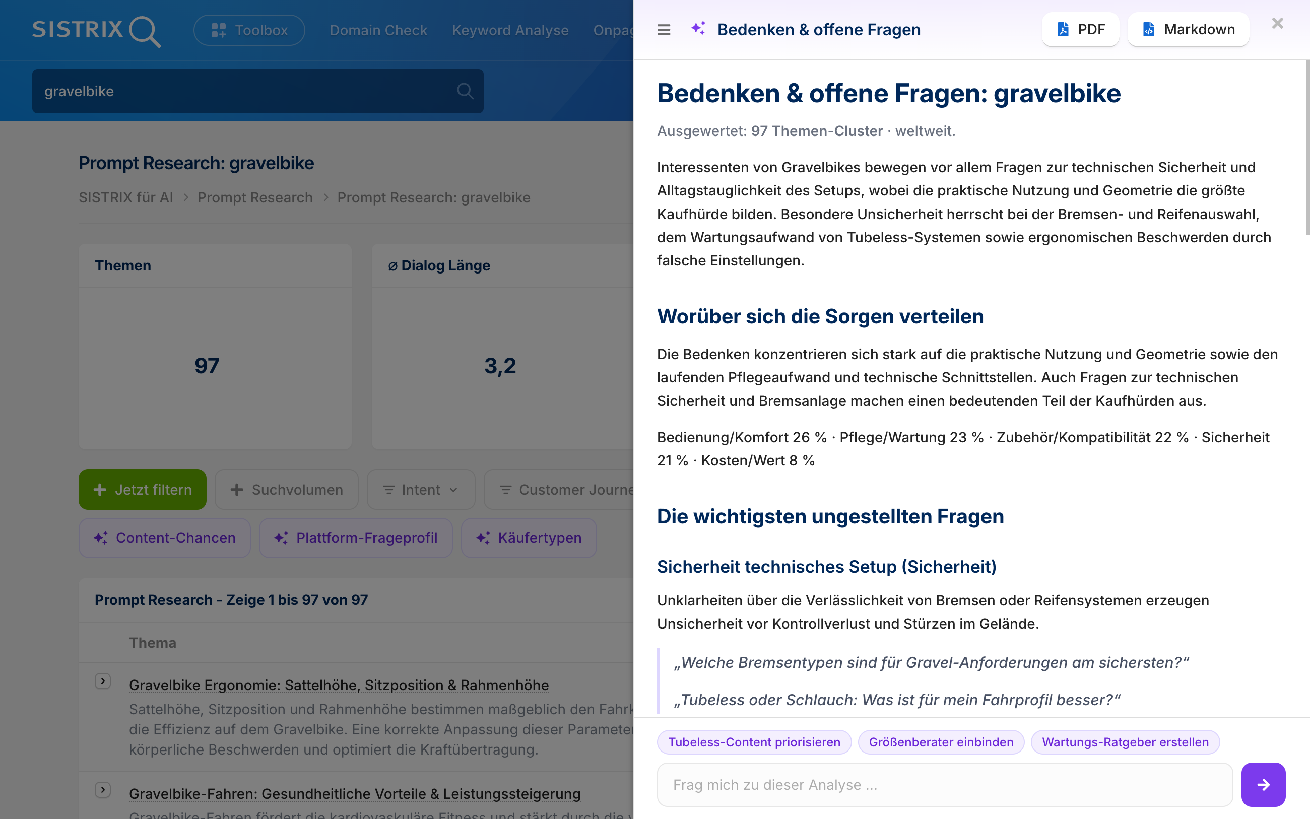 SISTRIX Prompt Research, Deep Dive ,Bedenken & offene Fragen' für gravelbike: Wartungsaufwand und Nutzbarkeit als größte Kaufsorgen.