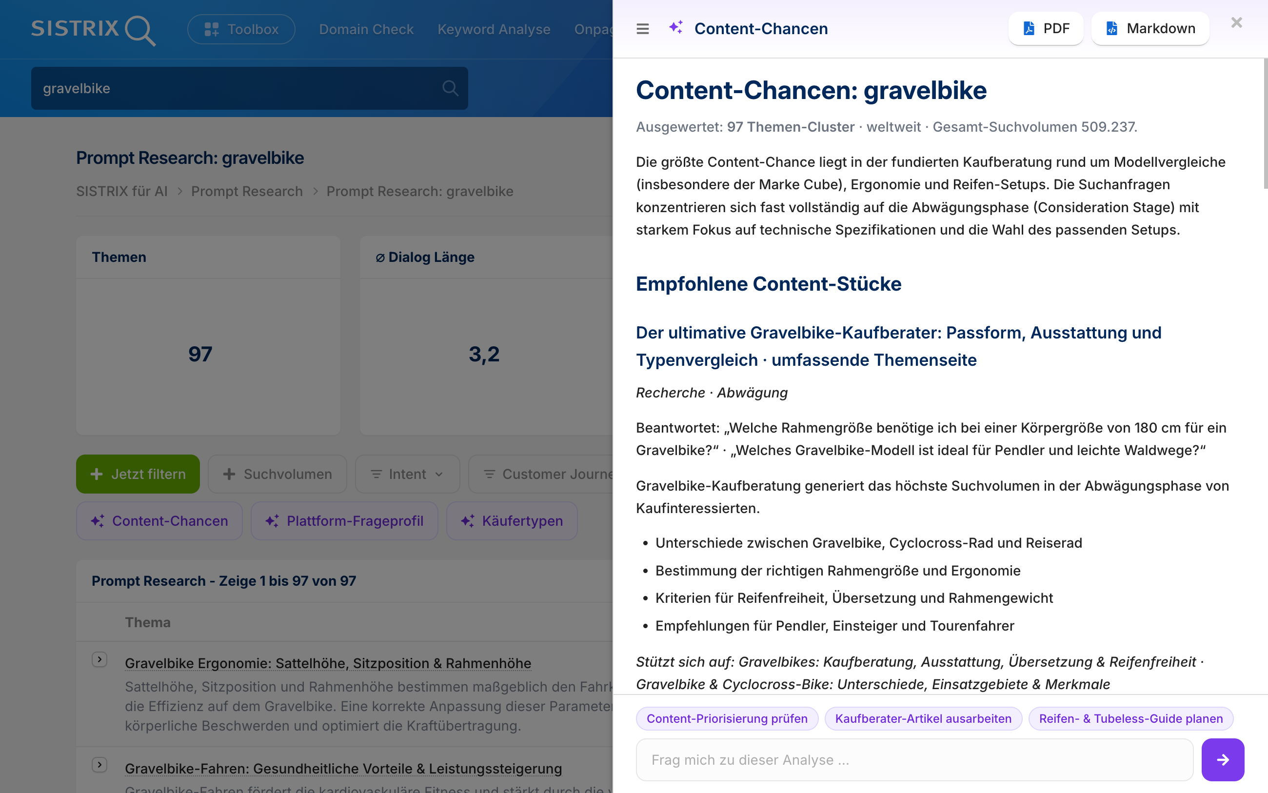 SISTRIX Prompt Research, Deep Dive ,Content-Chancen' für gravelbike: empfohlener Artikel zur Rahmengröße mit Suchvolumen und konkreten Content-Vorschlägen.