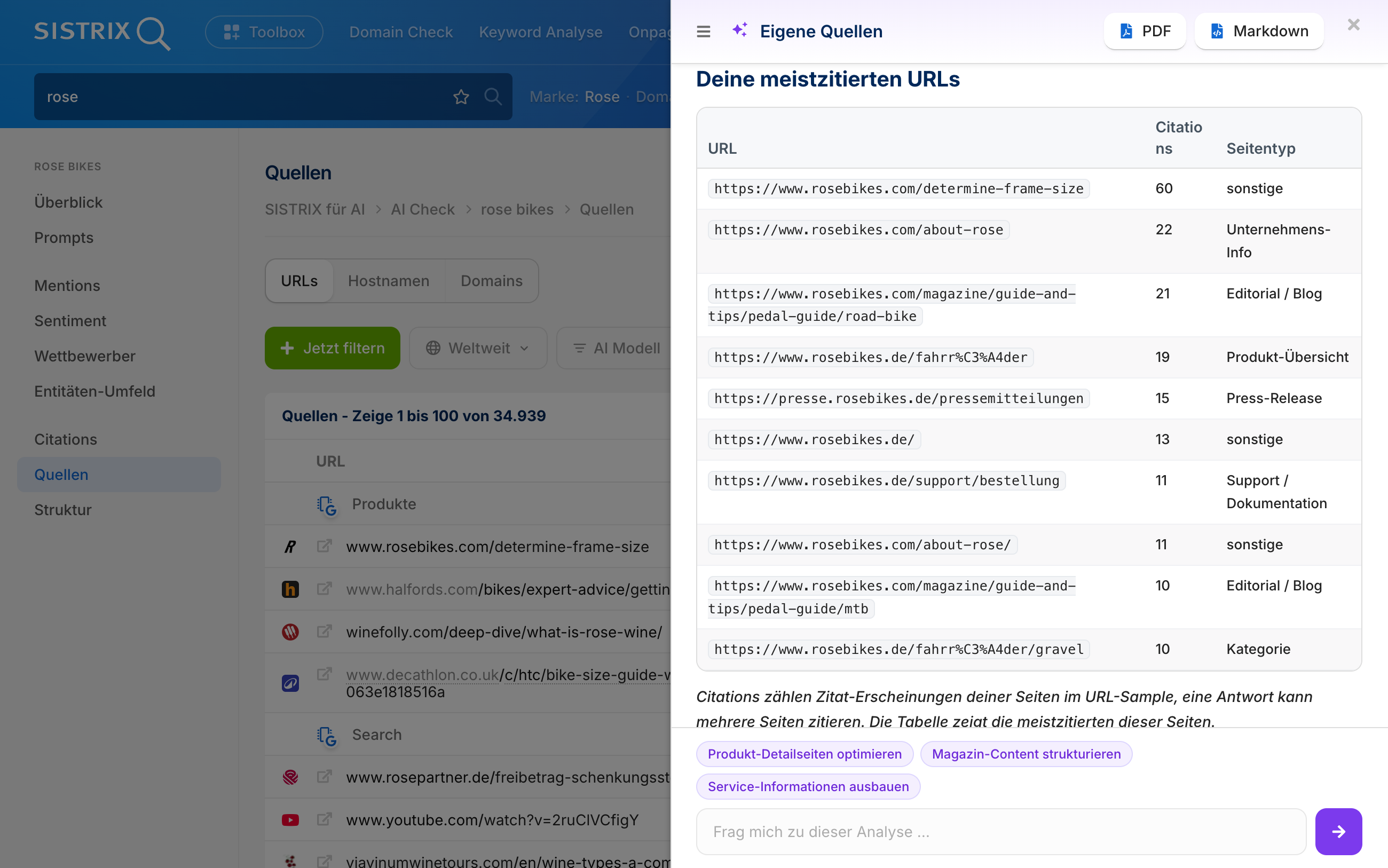 SISTRIX AI Check, Deep Dive ,Eigene Quellen' für Rose Bikes: Tabelle der meistzitierten rosebikes.de-URLs mit Citations, Seitentyp und Begründung der Zitierhäufigkeit.