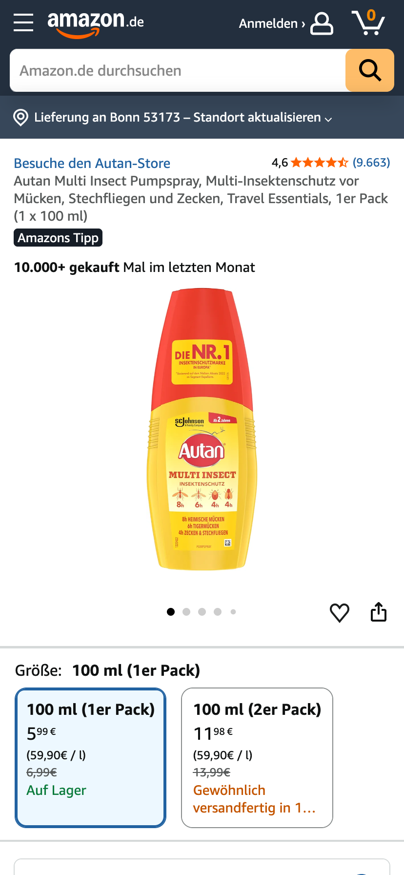 “Multi Insect”-Spray von Autan auf Amazon.de mit dem Kennzeichen "Amazons Tipp" und einer Verkaufszahl von 10.000+ innerhalb des letzten Monats.