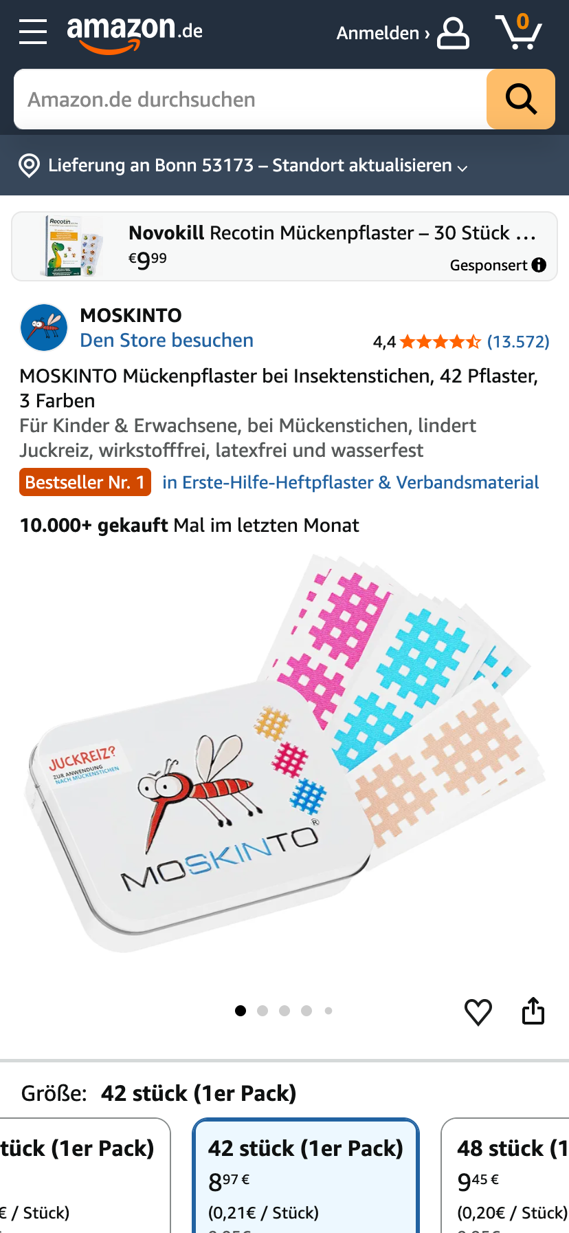 Mückenpflaster von Moskinto auf Amazon.de mit dem Kennzeichen "Bestseller Nr, 1" und einer Verkaufszahl von 10.000+ innerhalb des letzten Monats.