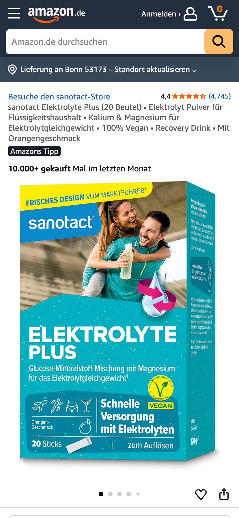 Elektrolyte-Pulver von Sanotact auf Amazon.de mit dem Kennzeichen "Amazons Tipp" und einer Verkaufszahl von 10.000+ innerhalb des letzten Monats.