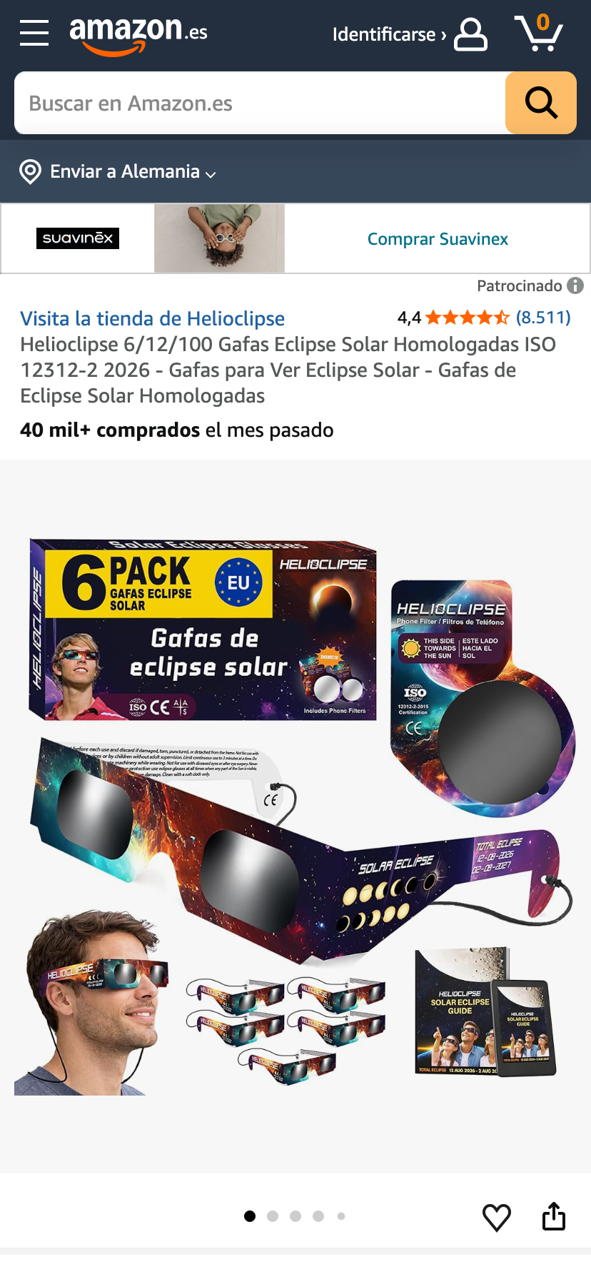 Schutzbrille zum Beobachten einer Sonnenfinsternis von Helioclipse auf Amazon Spanien mit einer Verkaufszahl von 40.000+ innerhalb des letzten Monats.